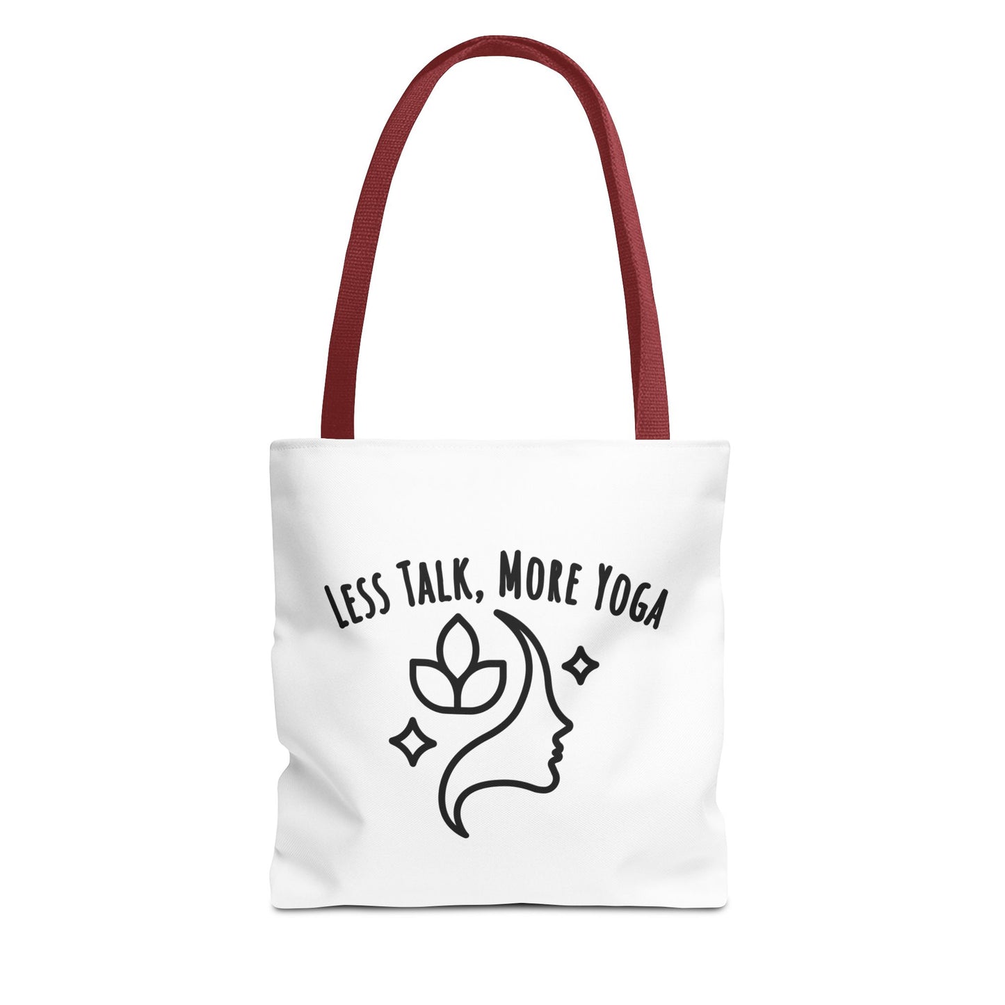 White tote bag with red handle and text 'Less Talk, More Yoga' on a white background