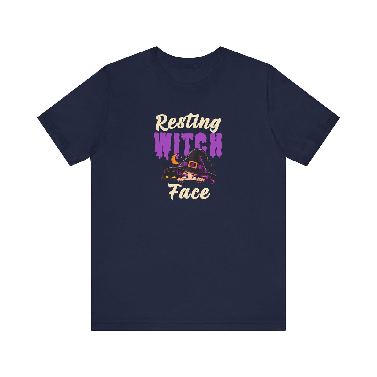 A navy t-shirt with a graphic on the chest that reads 'Resting WITCH Face' in beige and purple lettering, featuring a witch hat illustration.