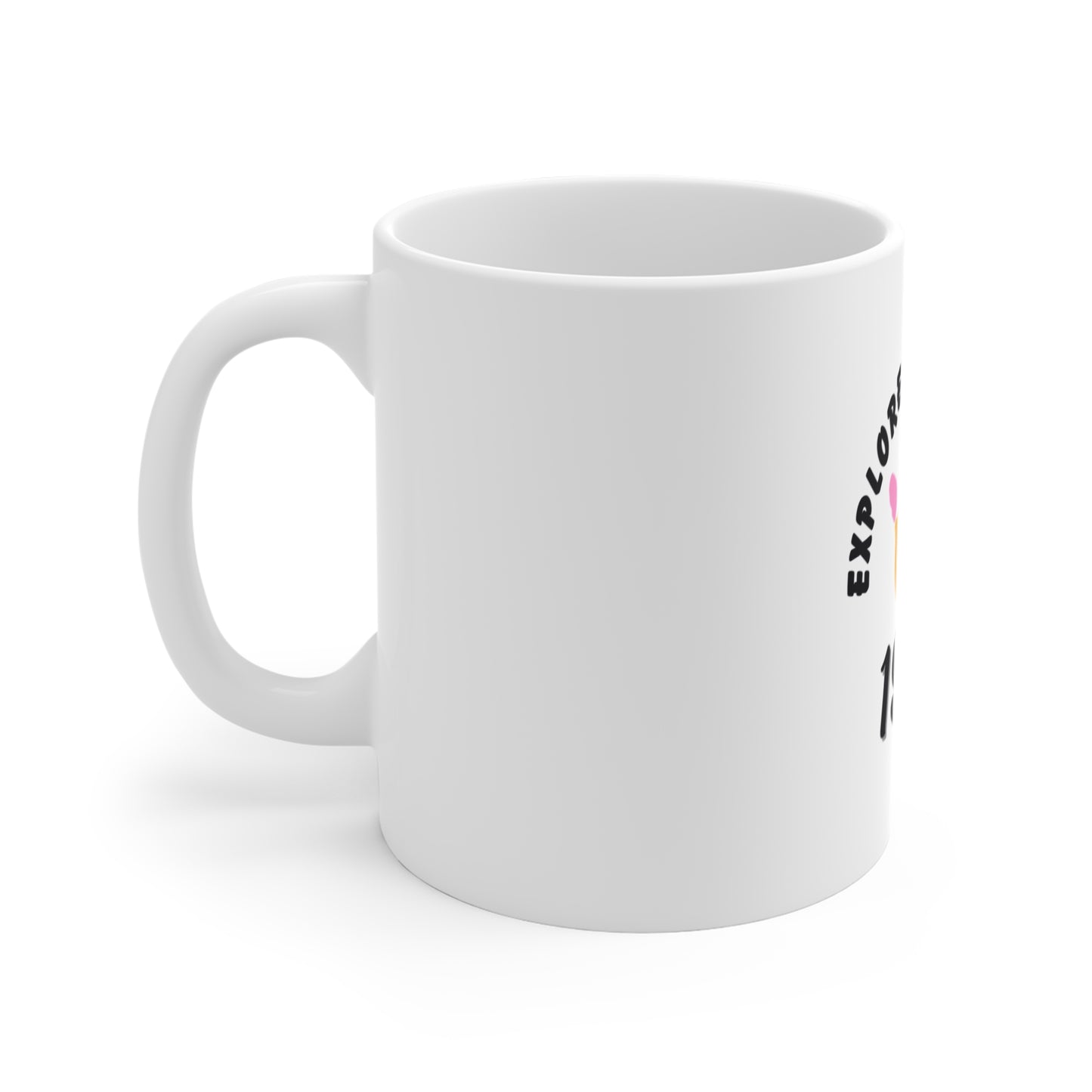 Left side of a white mug with text and graphics on a white background
