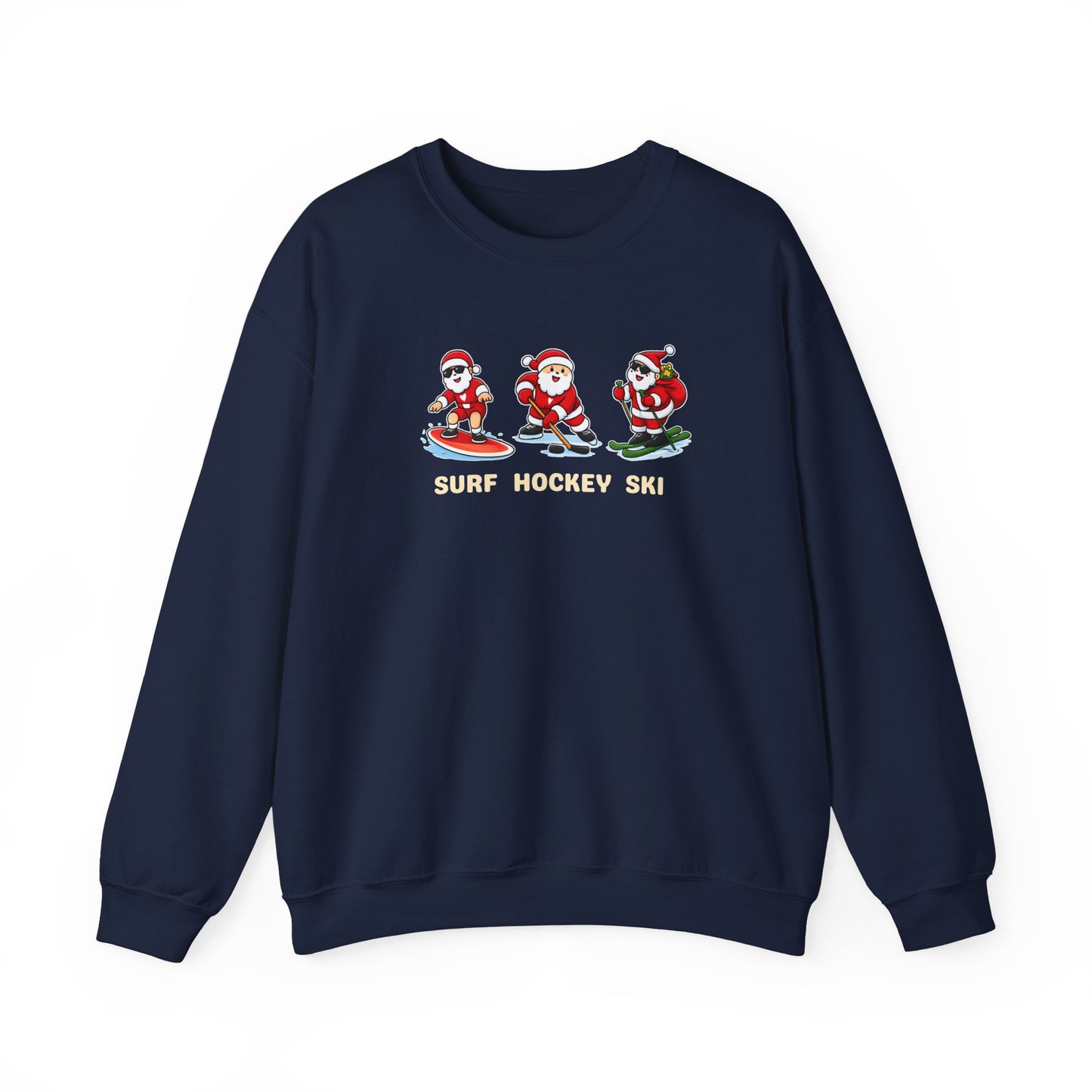 Navy sweatshirt with Santa Claus graphics and 'Surf Hockey Ski' text on a white background