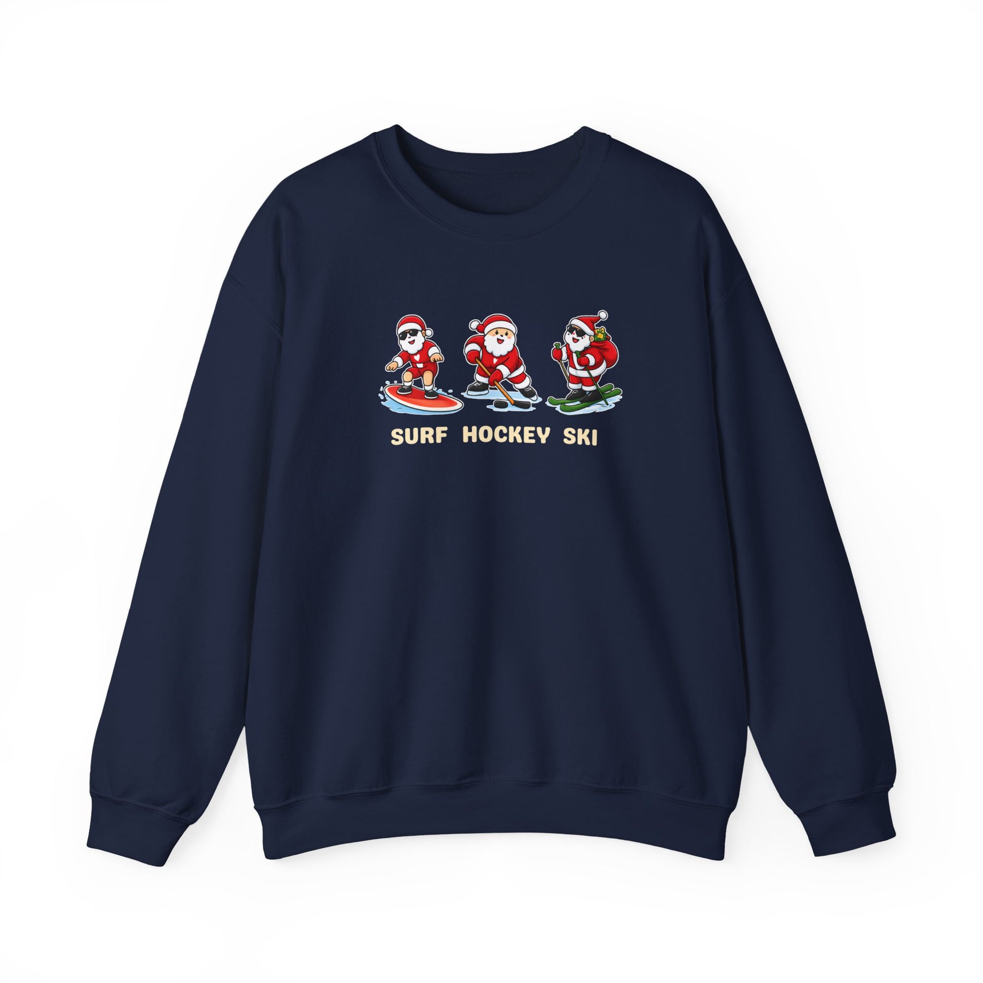 Navy sweatshirt with Santa Claus graphics and 'Surf Hockey Ski' text on a white background