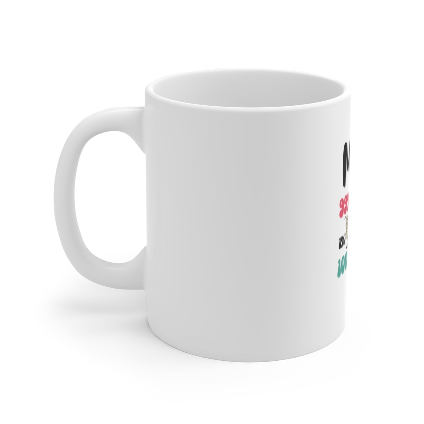 Left side of a white mug with text 'Mom 99% tired 1% coffee 100% love' on a white background