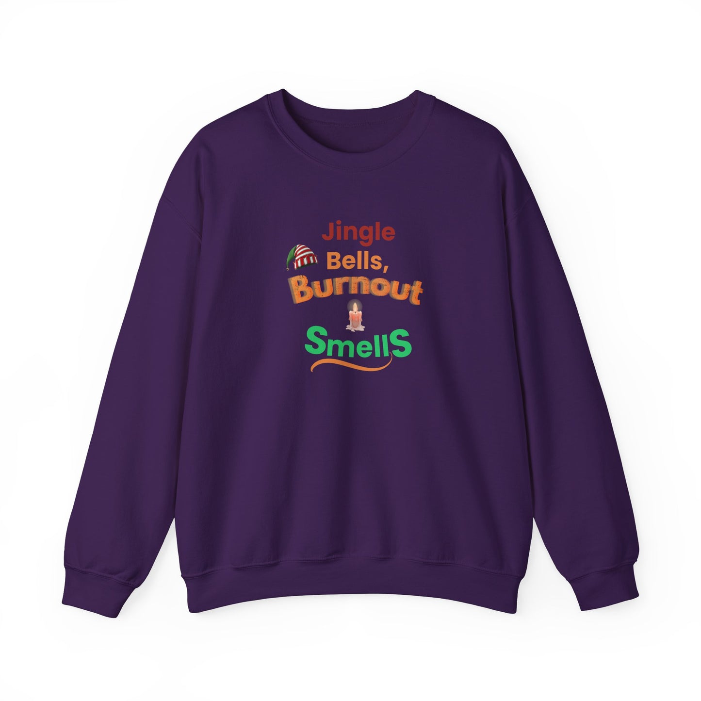 Purple sweatshirt with humorous text design on a white background