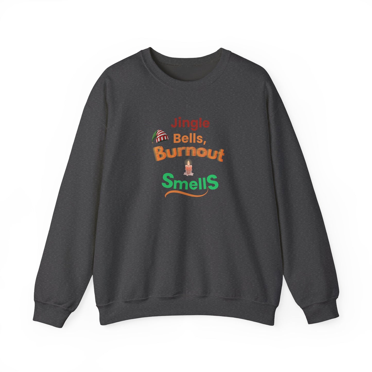 Dark gray sweatshirt with colorful text and graphics on a white background
