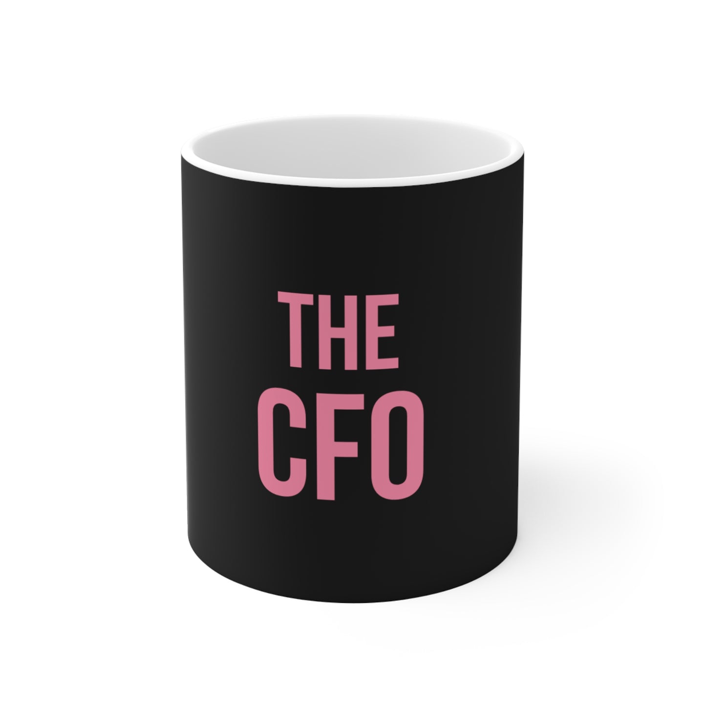 Black mug with pink 'THE CFO' text on a white background