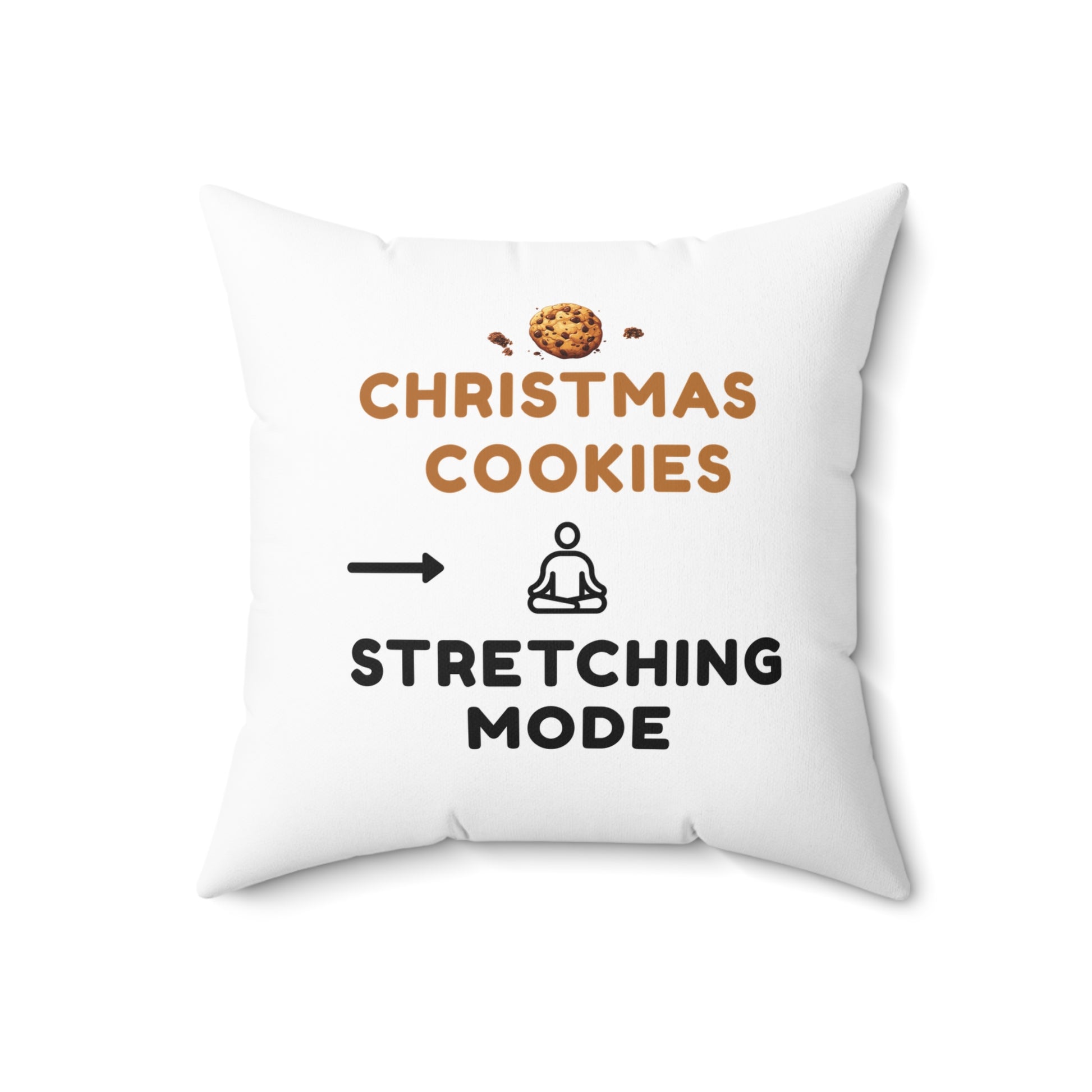 White pillow with text 'Christmas Cookies, Stretching Mode' on a white background, 18-inch pillow