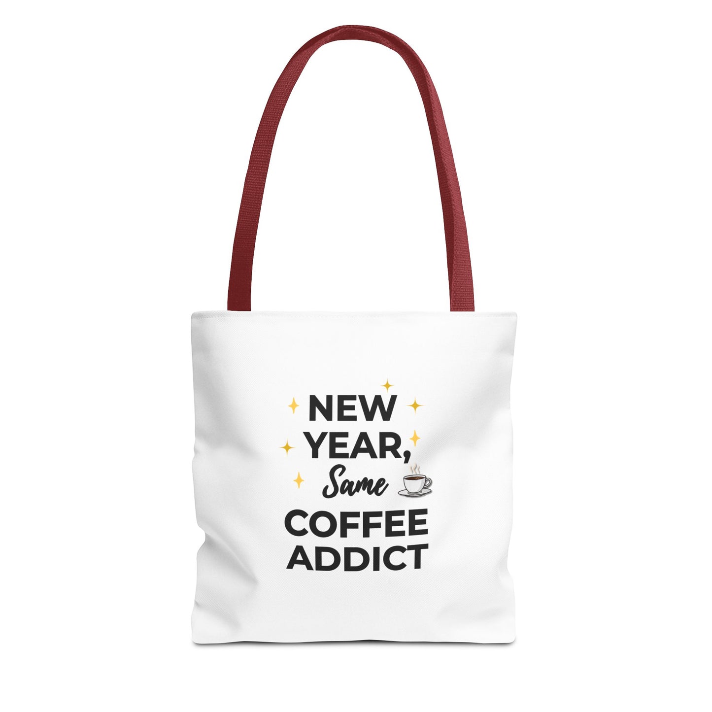 White tote bag with red handle and text 'New Year, Same Coffee Addict' on a white background