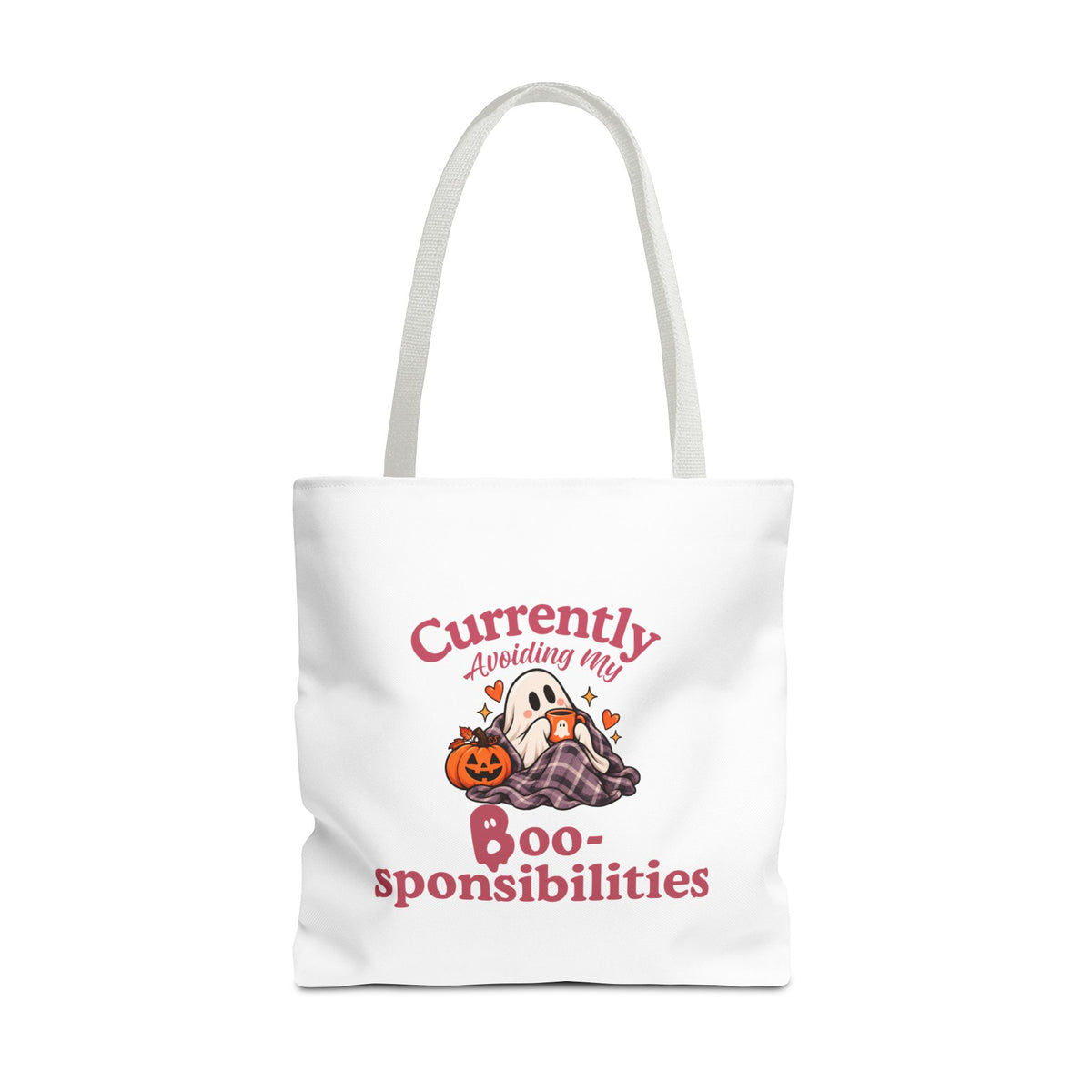 A white canvas tote bag with white shoulder straps, featuring a Halloween graphic of a ghost in a plaid blanket with the text 'Currently Avoiding My Boo-sponsibilities' in pink lettering.