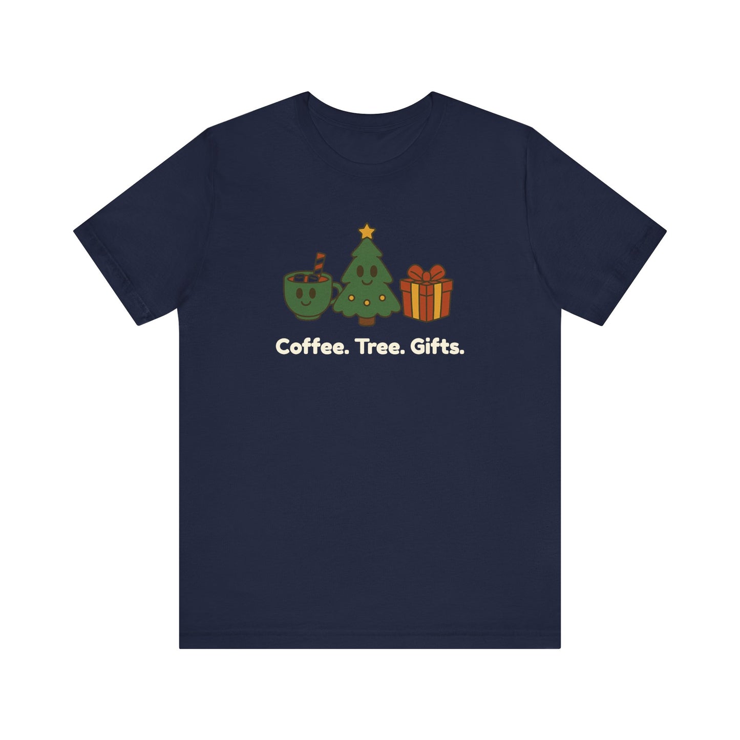 Navy blue t-shirt with cartoon trees and text 'Coffee. Tree. Gifts.' on a white background