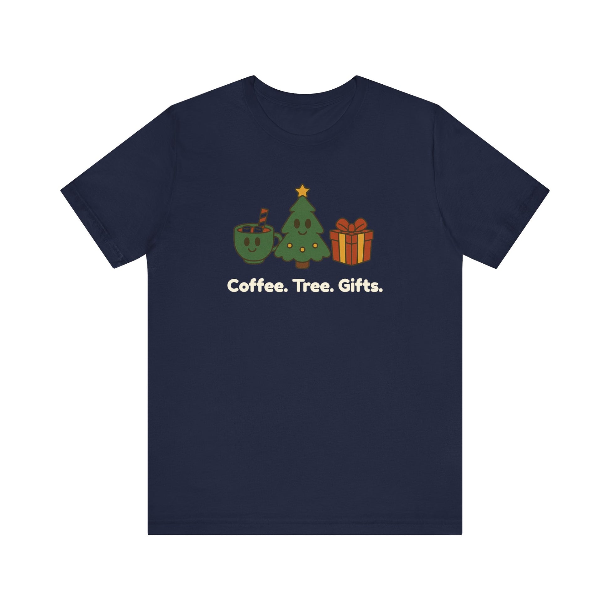 Navy blue t-shirt with cartoon trees and text 'Coffee. Tree. Gifts.' on a white background