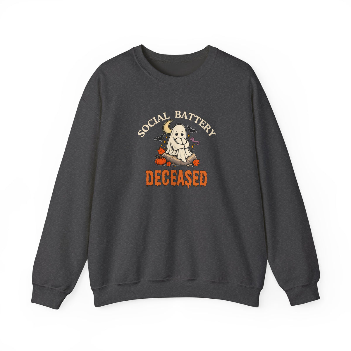 Dark gray sweatshirt featuring the text 'Social Battery: Deceased' against on a white background