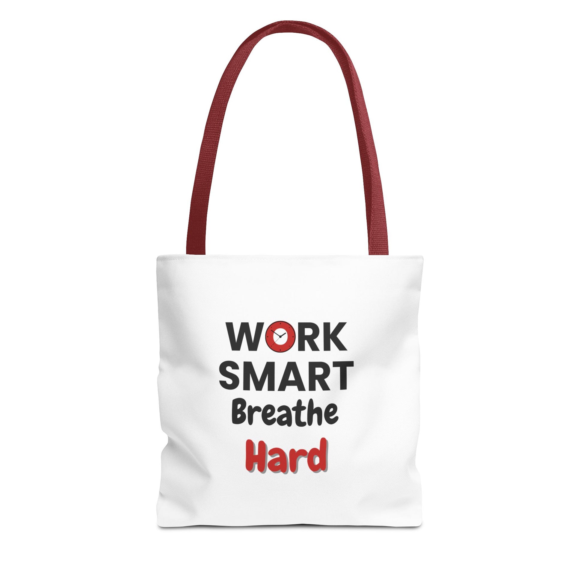 White tote bag with red handle and motivational text 'Work Smart, Breathe Hard' on a white background