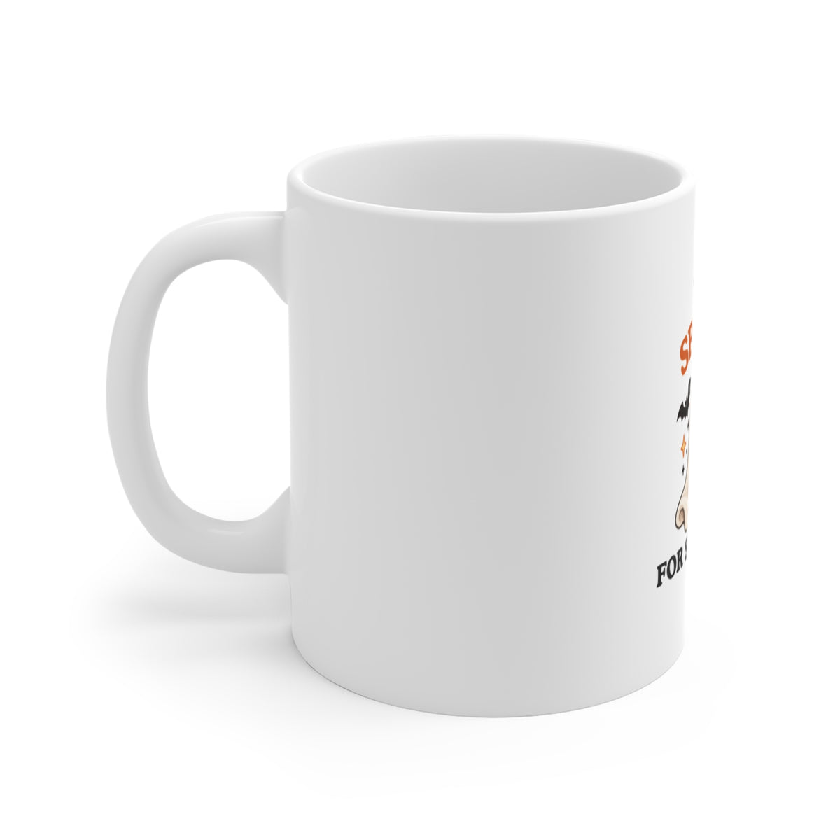 Left side of a white mug featuring a “Too Spooky for Small Talk.” design with a ghost on a white background
