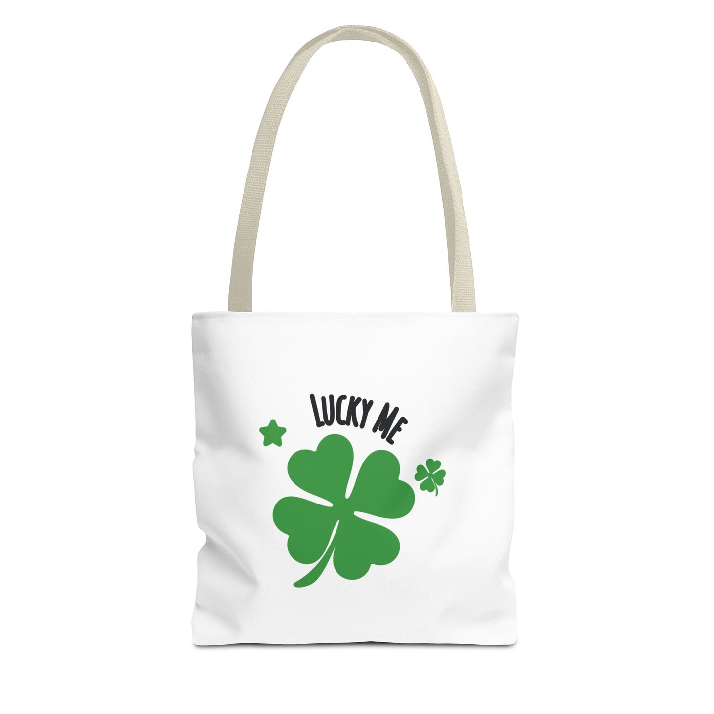 White tote bag with beige handle, featuring the text 'Lucky Me' and green four-leaf clover on a white background