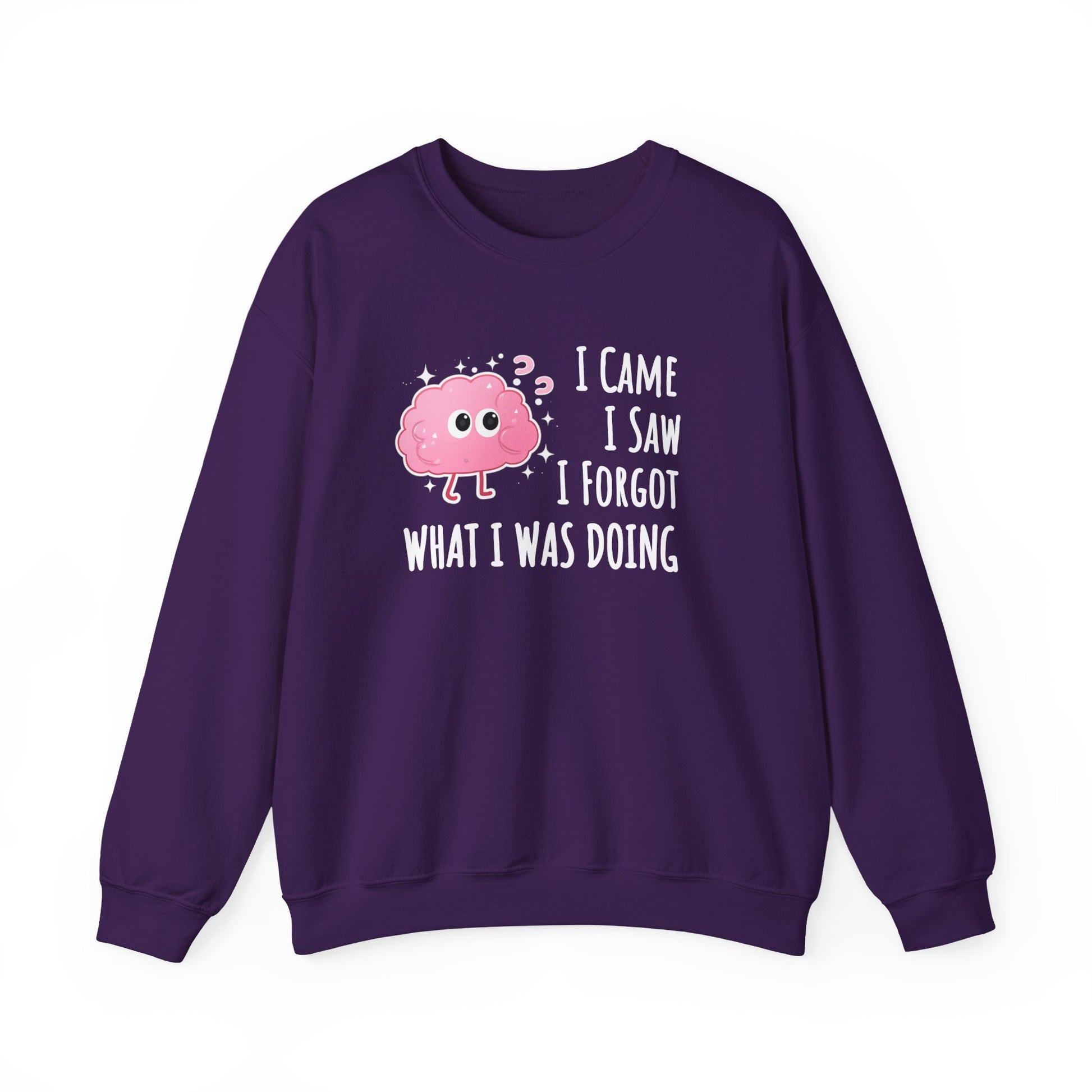 Purple sweatshirt with a pink brain graphic and text 'I came, I saw, I forgot what I was doing' on a white background