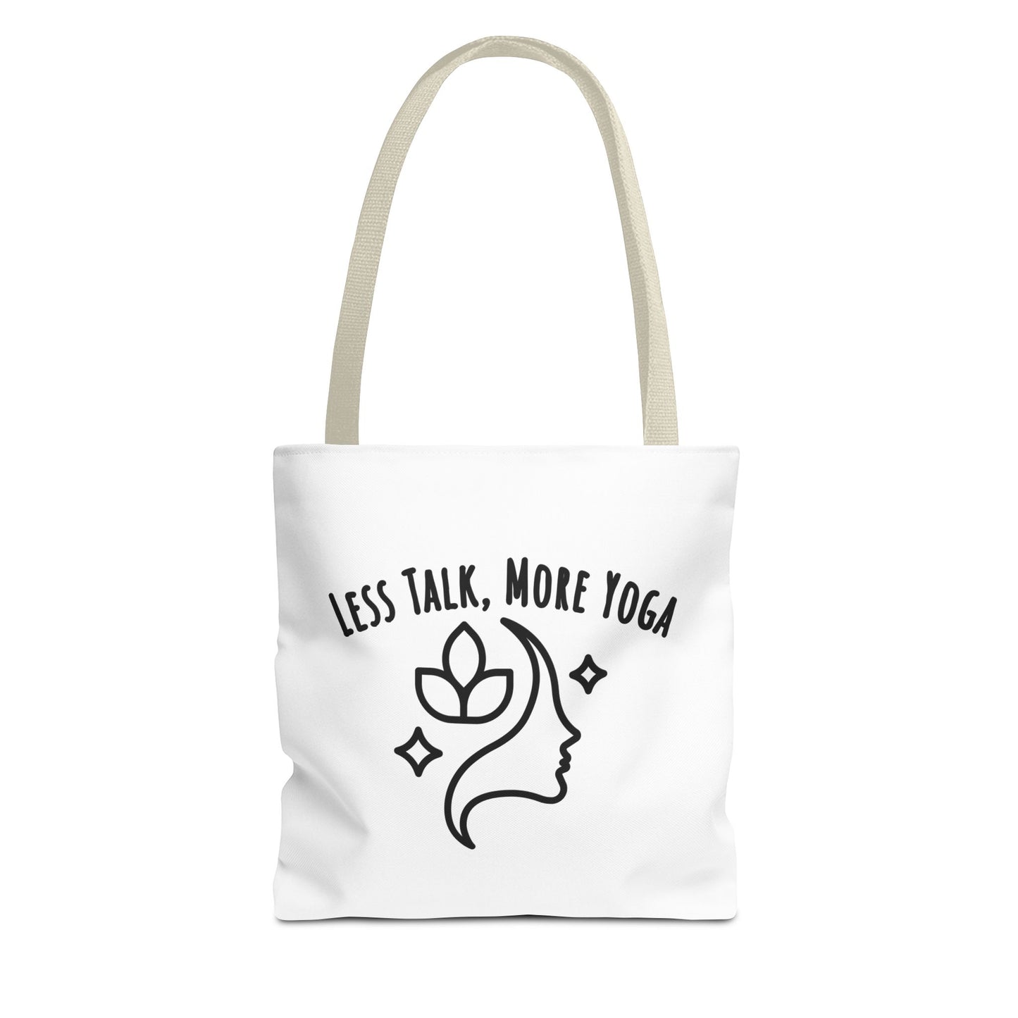 White tote bag with beige handle and text 'Less Talk, More Yoga' on a white background