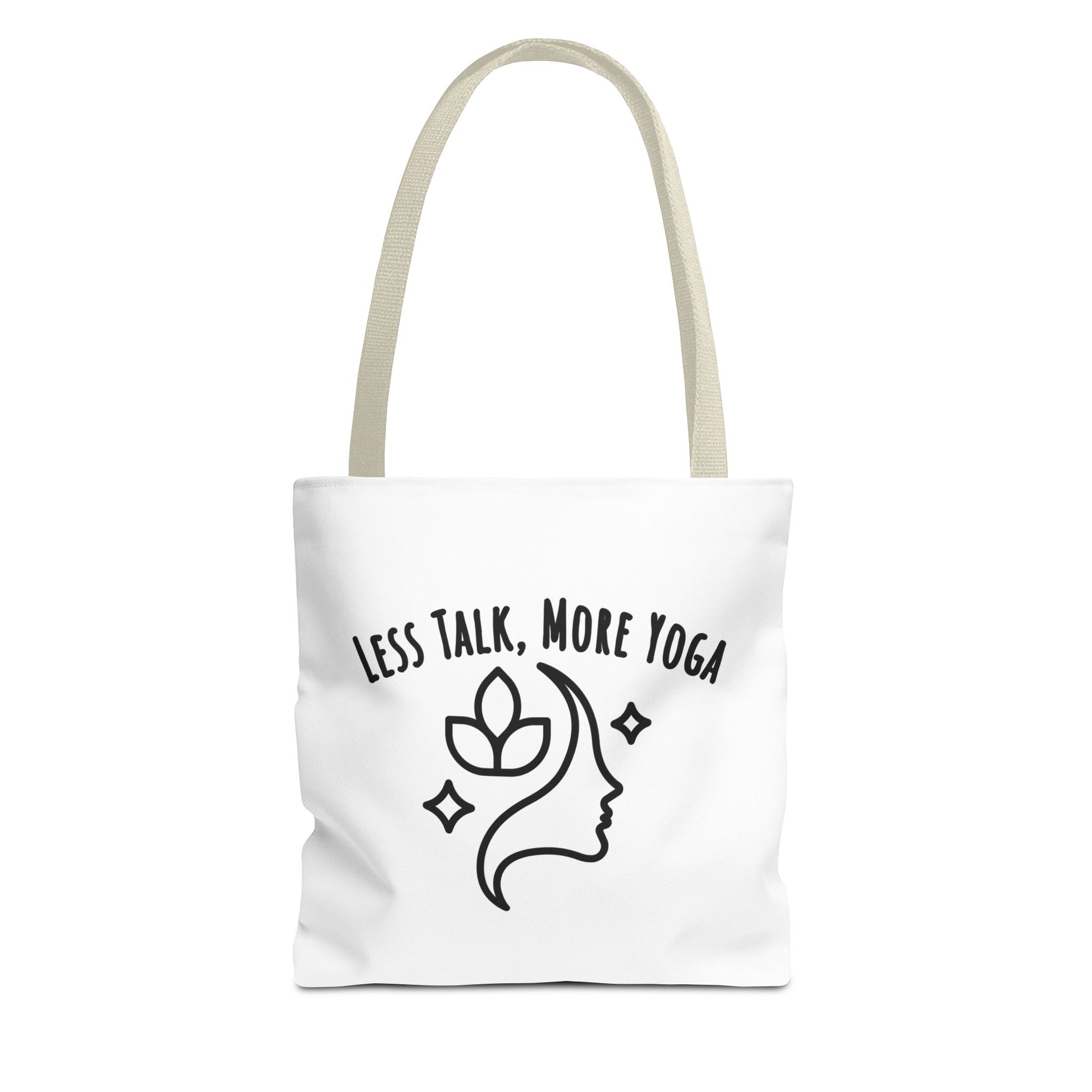 White tote bag with beige handle and text 'Less Talk, More Yoga' on a white background