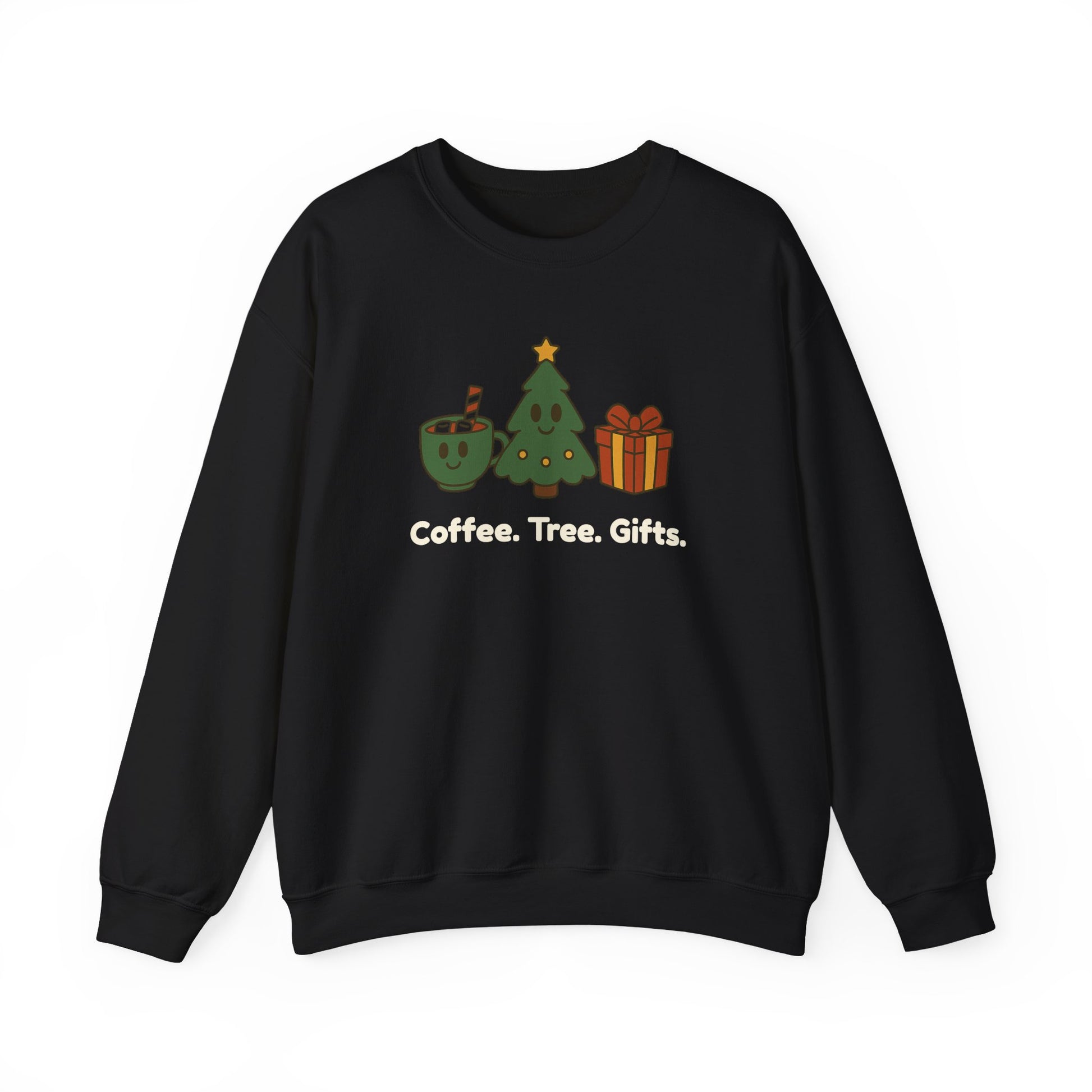 Black sweatshirt with Christmas-themed graphics and text on a white background