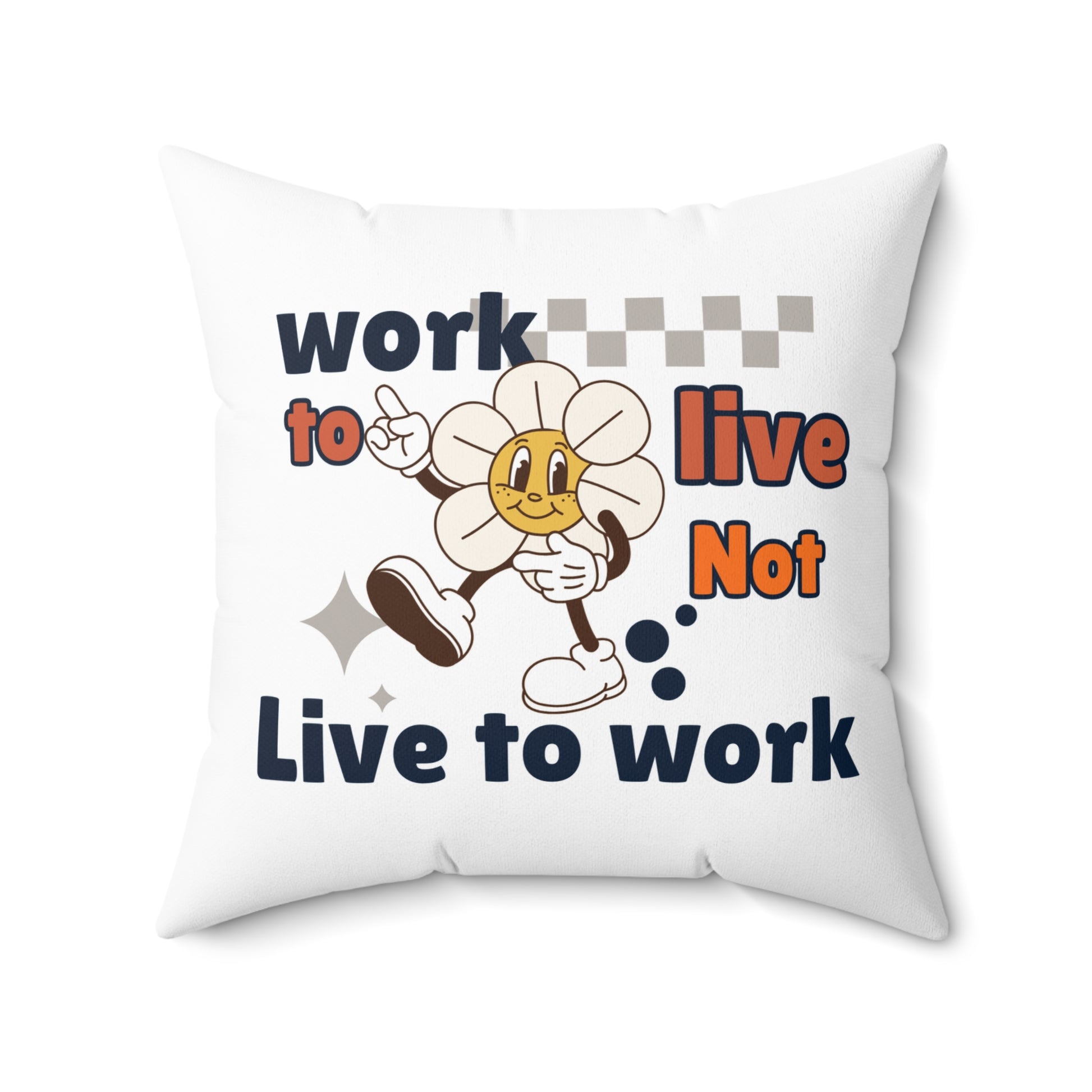 White pillow with a cartoon character and text on a white background
