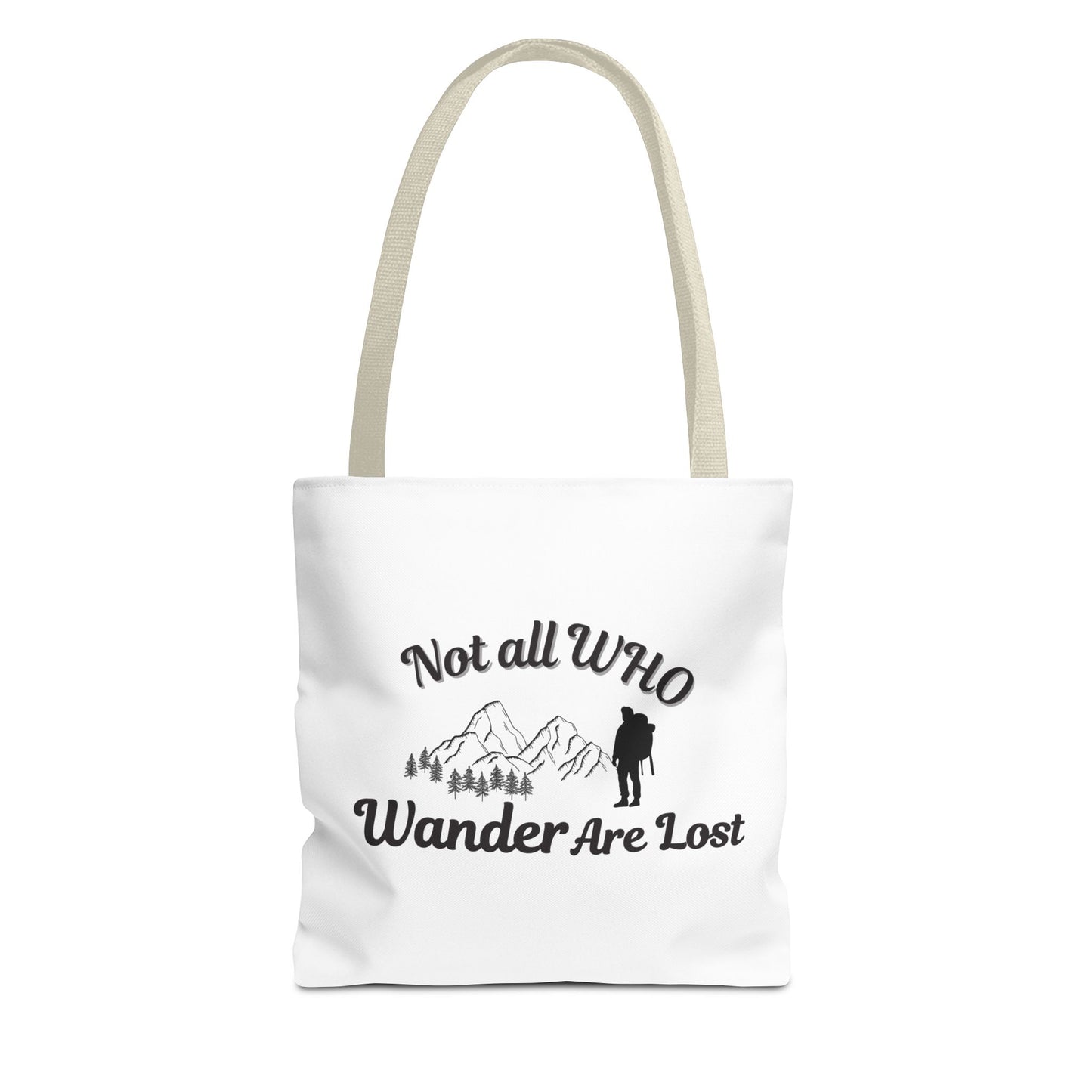 White tote bag with beige handle and text 'Not all who wander are lost' and graphics on a white background