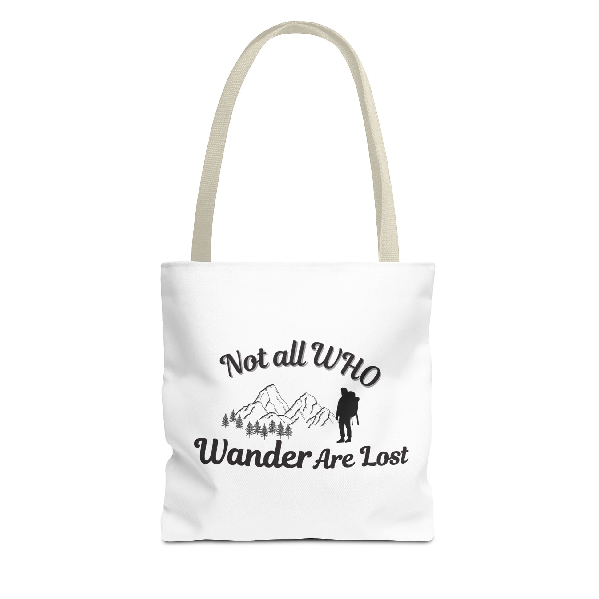 White tote bag with beige handle and text 'Not all who wander are lost' and graphics on a white background