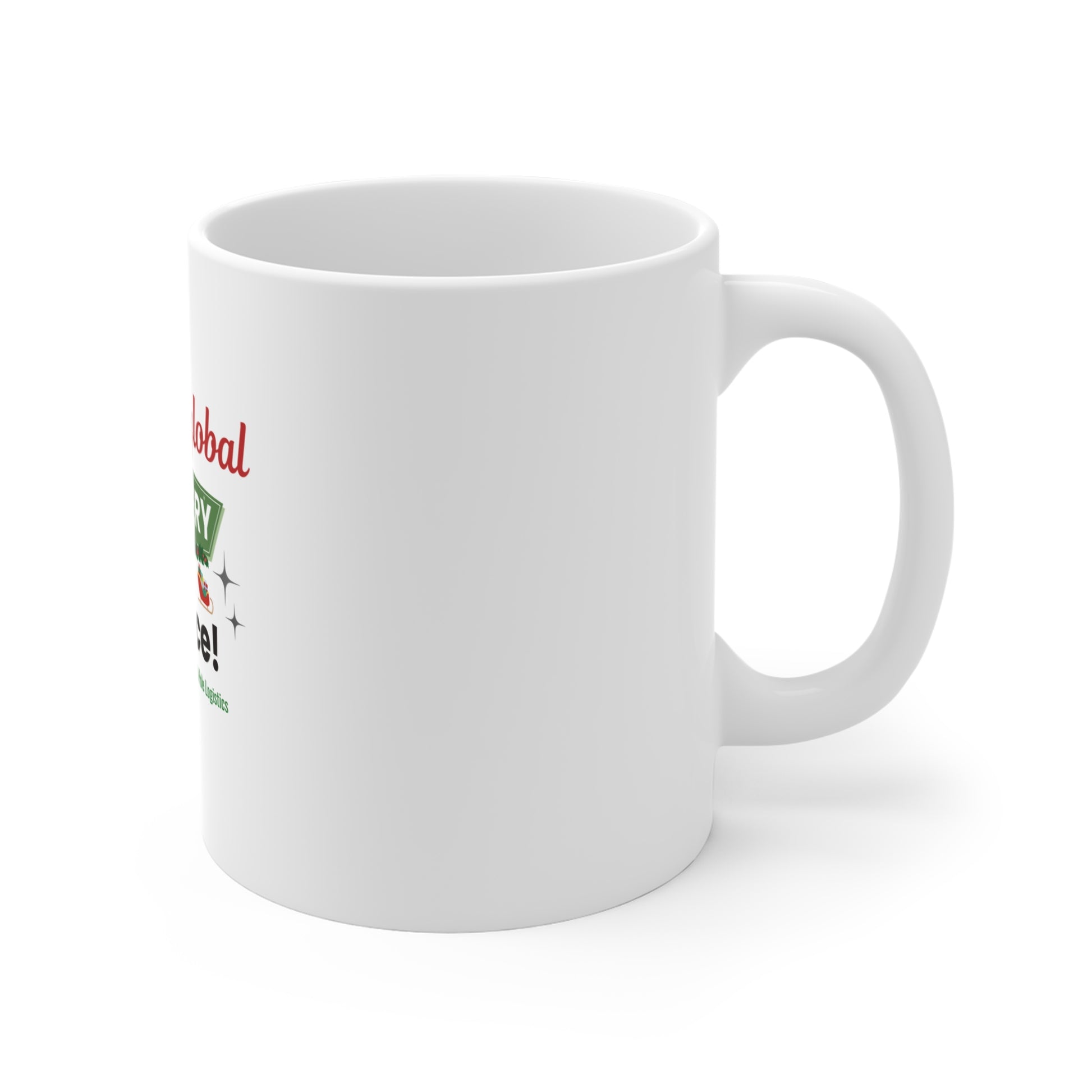 Right side view of white mug with text and graphics on a white background