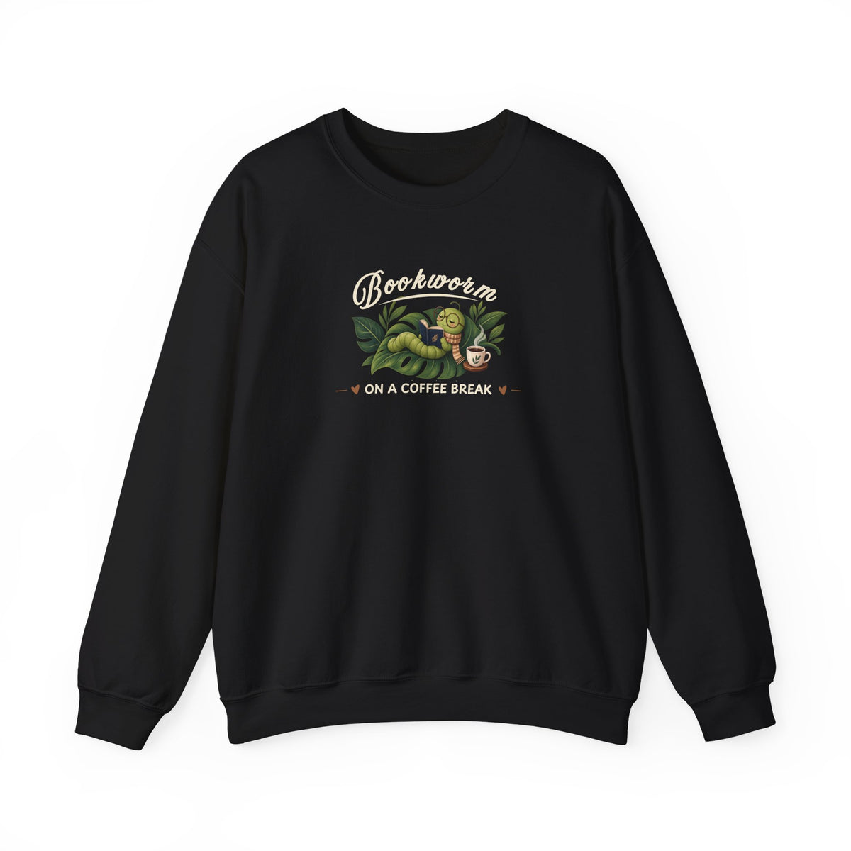 A black sweatshirt featuring the text 'Bookworm ON A COFFEE BREAK' against on a white background.