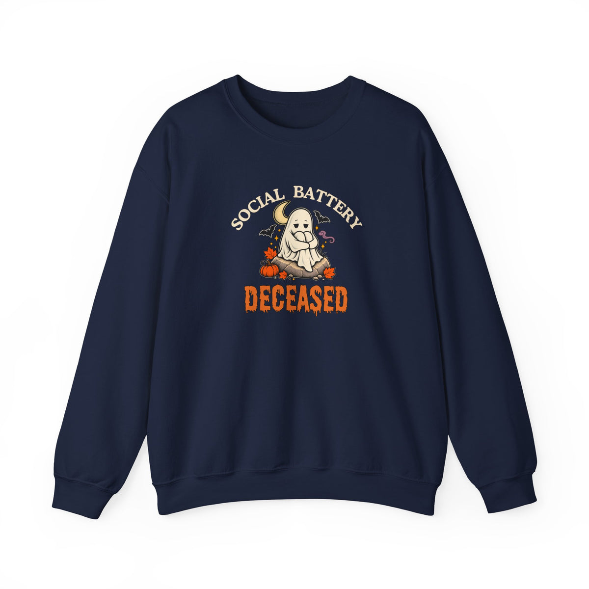 Navy sweatshirt featuring the text 'Social Battery: Deceased' against on a white background