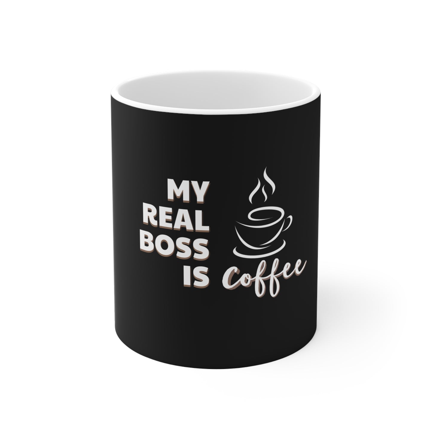Black mug with white text 'My Real Boss is Coffee' and coffee cup graphic on a white background