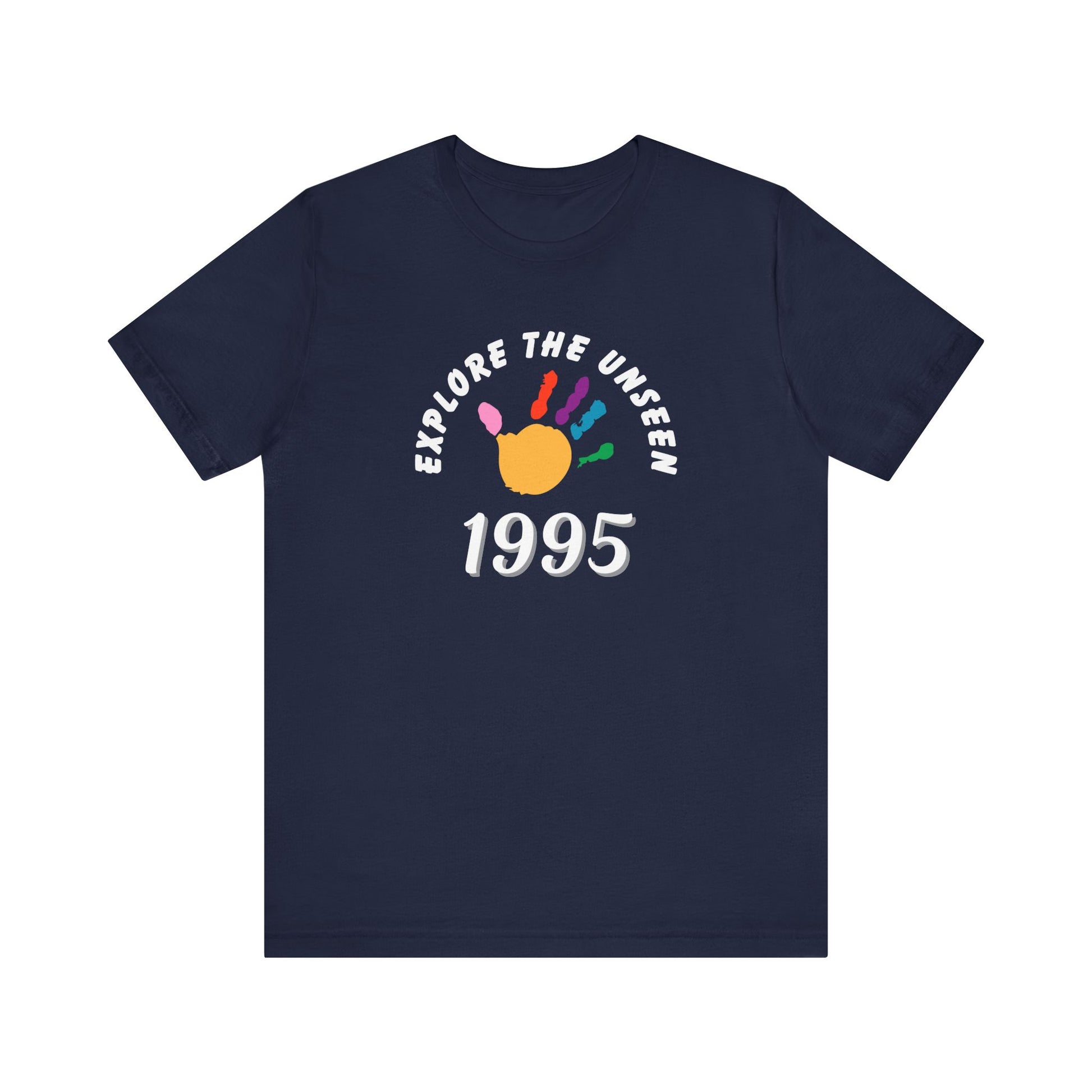 navy t-shirt with text 'Explore the Unseen 1995' and graphic design on a white background