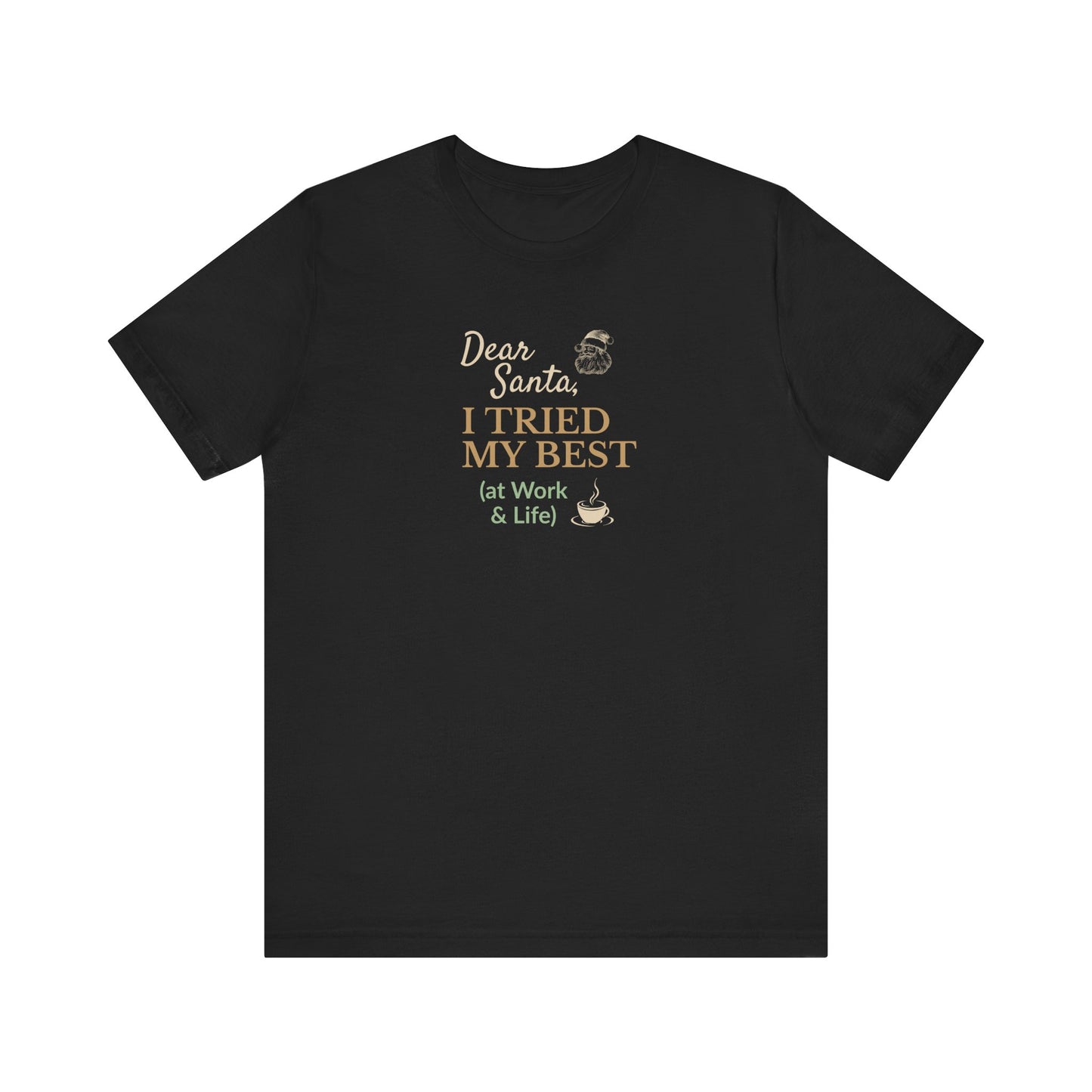 Black t-shirt with humorous text design on a white background