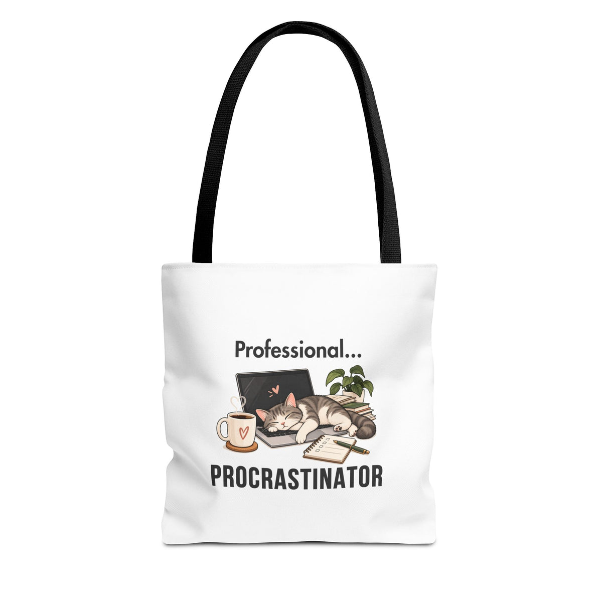 A white tote bag with black shoulder straps, featuring the text 'Professional Procrastinator'