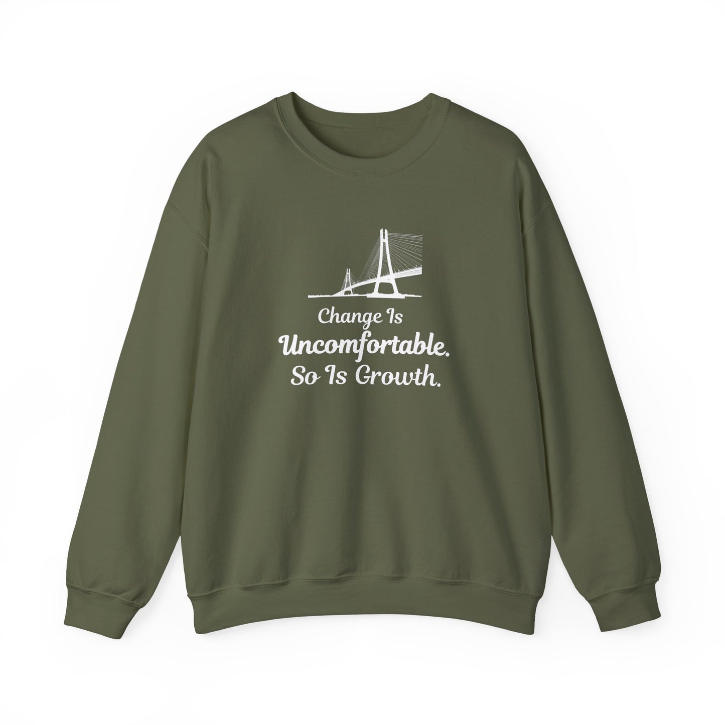 Green sweatshirt with text 'Change Is Uncomfortable. So Is Growth' and graphic on a white background