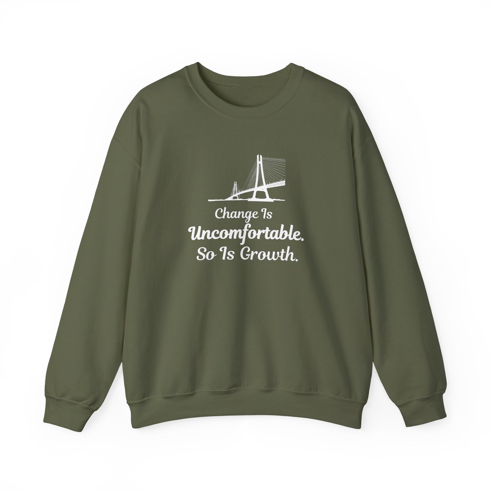Green sweatshirt with text 'Change Is Uncomfortable. So Is Growth' and graphic on a white background