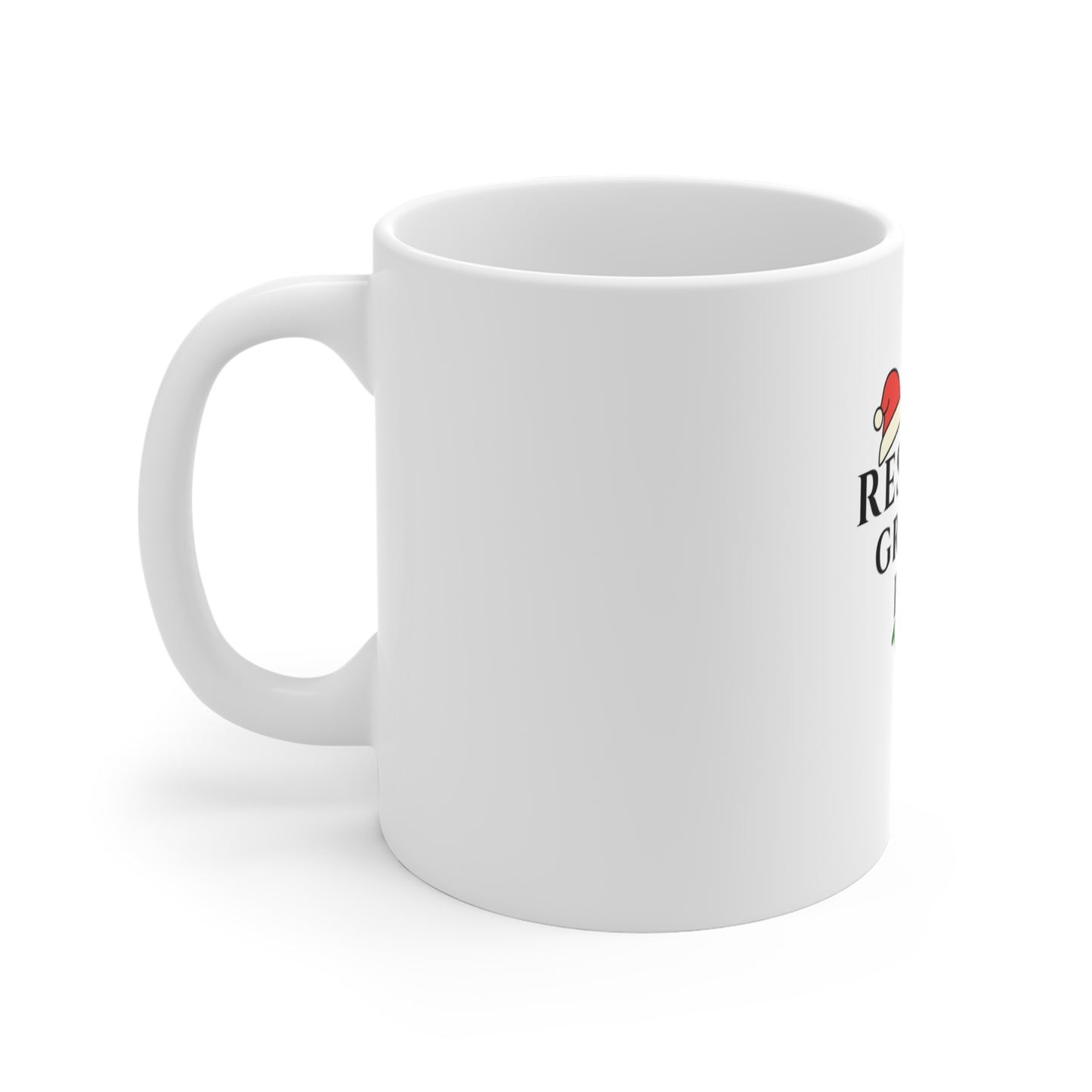 Left side view of white mug with a red heart and text on a white background
