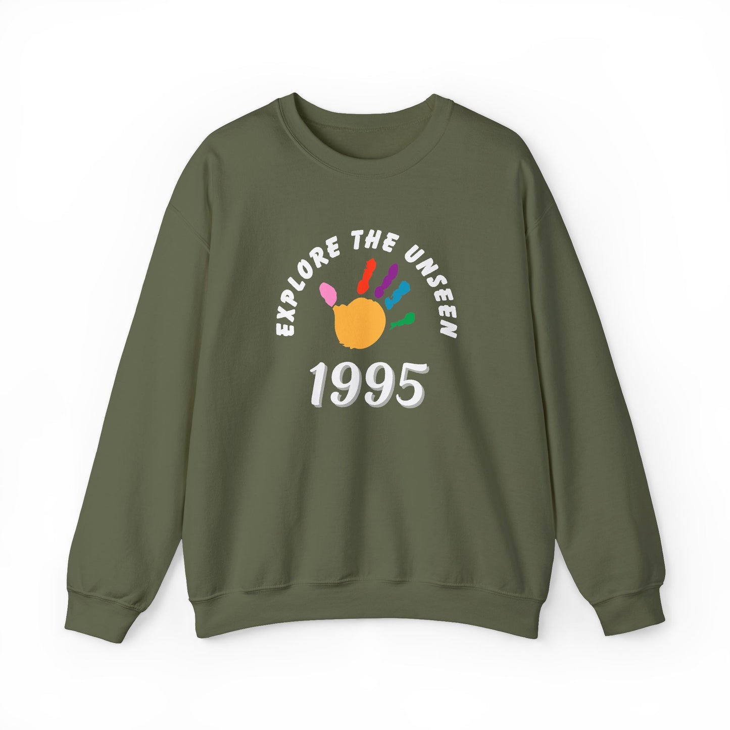 Green sweatshirt with 'Explore the Unseen 1995' graphic on a white background