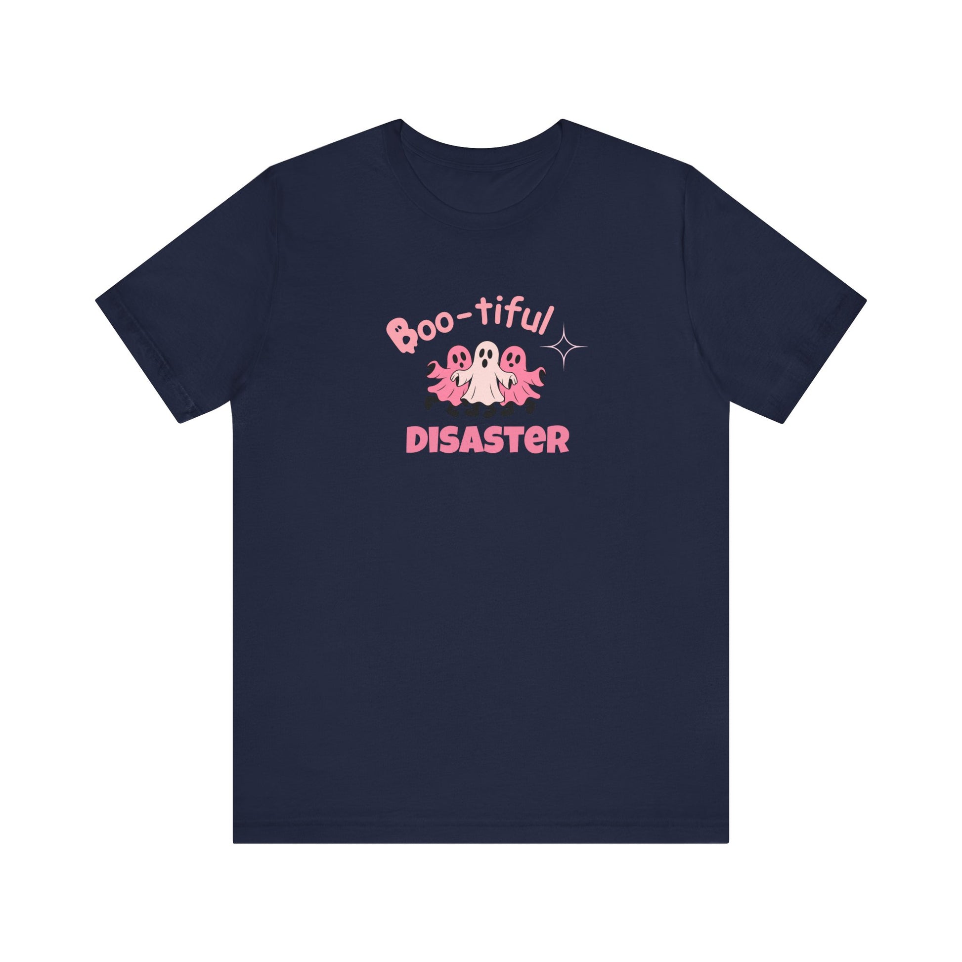 Navy blue t-shirt with text 'Boo-tiful Disaster' and ghost graphics on a white background
