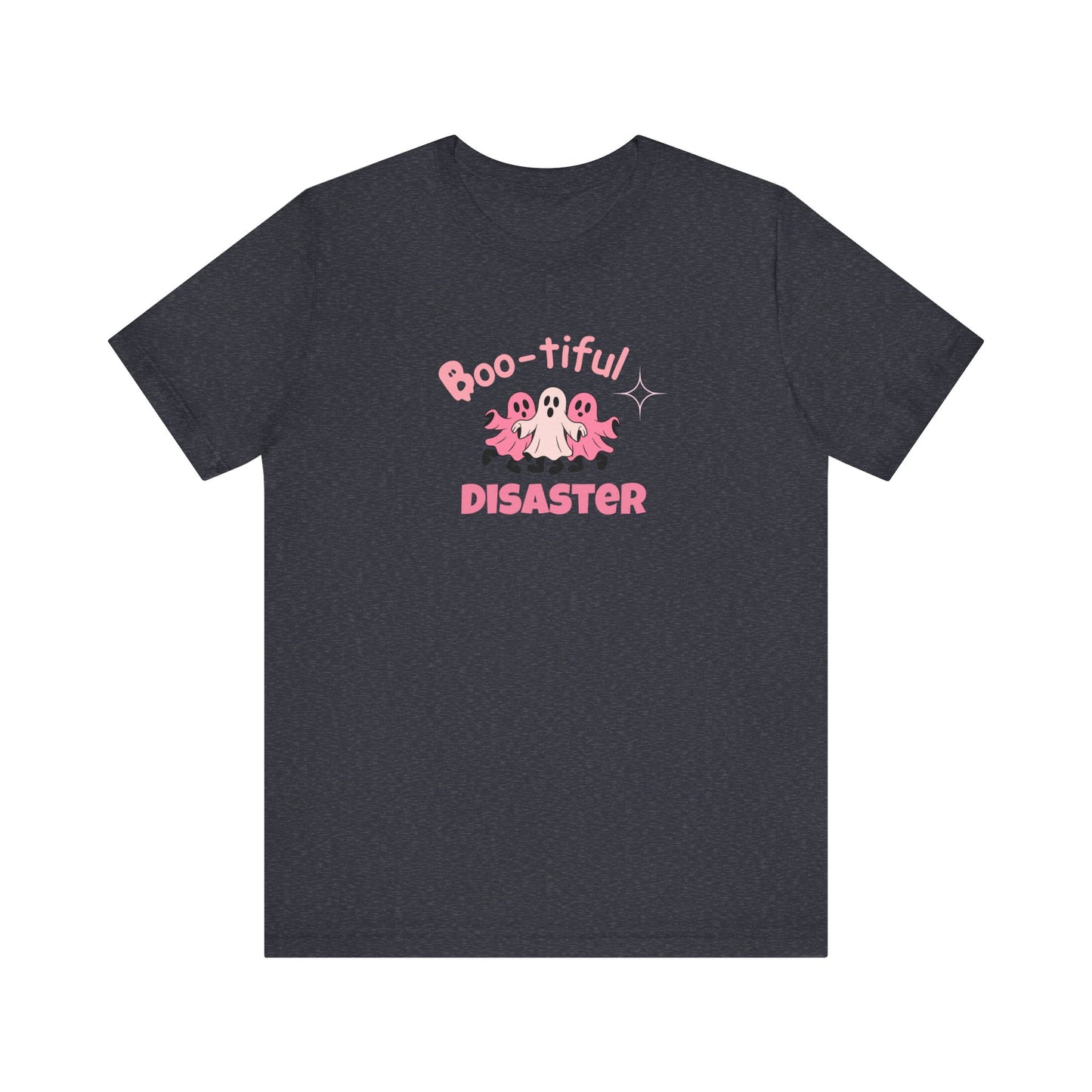 Black t-shirt with text 'Boo-tiful Disaster' and graphics on a white background
