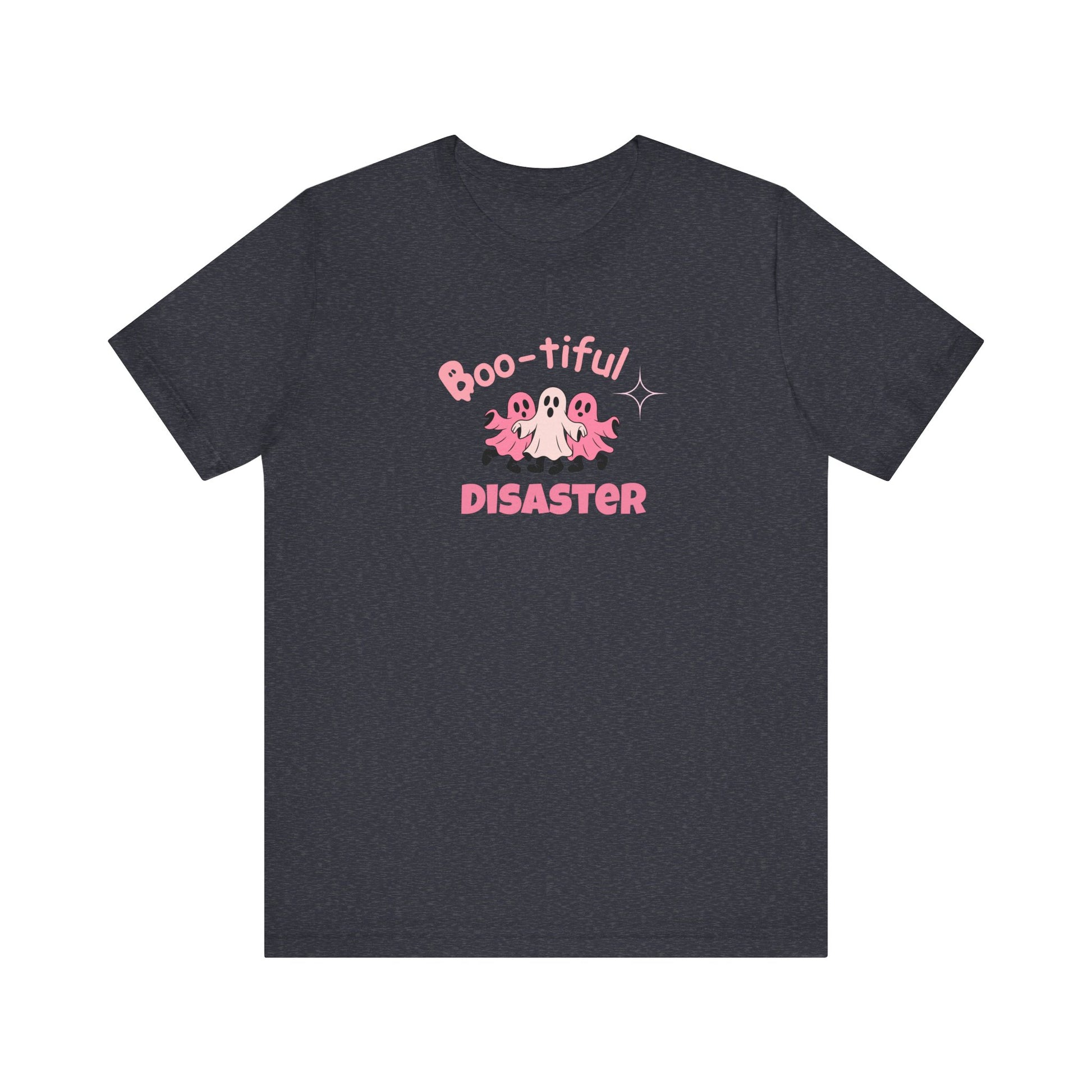 Black t-shirt with text 'Boo-tiful Disaster' and graphics on a white background