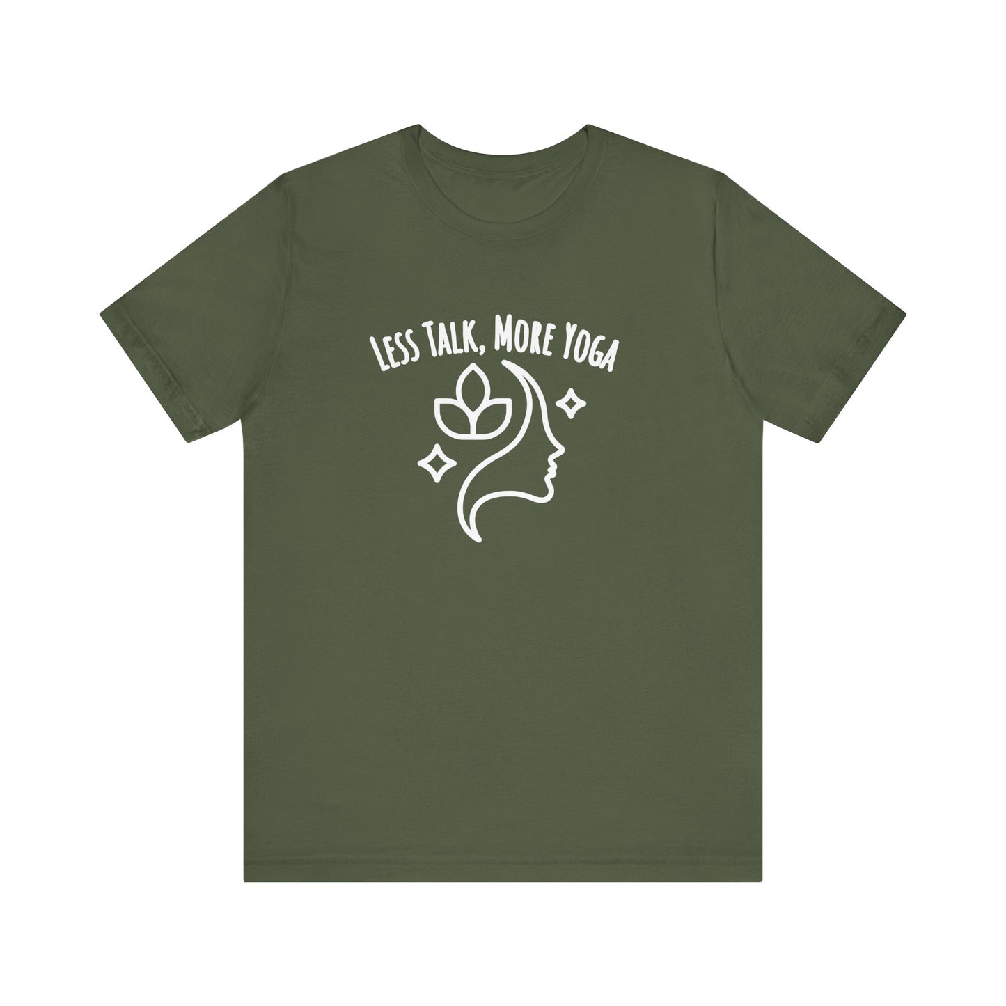Green t-shirt with white graphic and text 'LESS TALK, MORE YOGA' on a white background