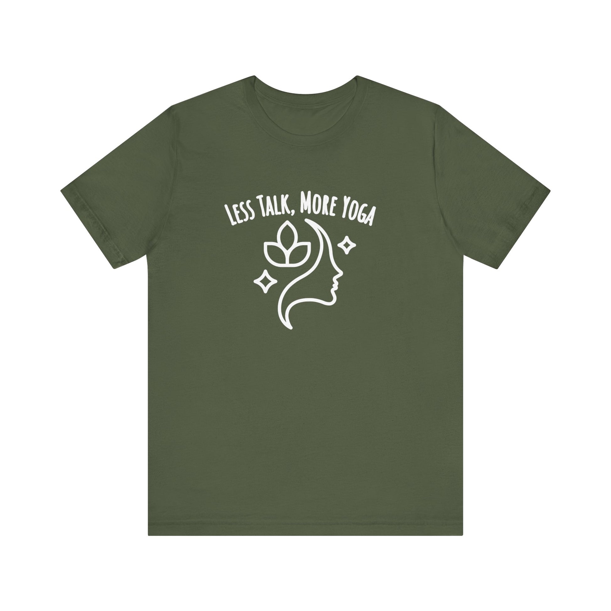 Green t-shirt with white graphic and text 'LESS TALK, MORE YOGA' on a white background