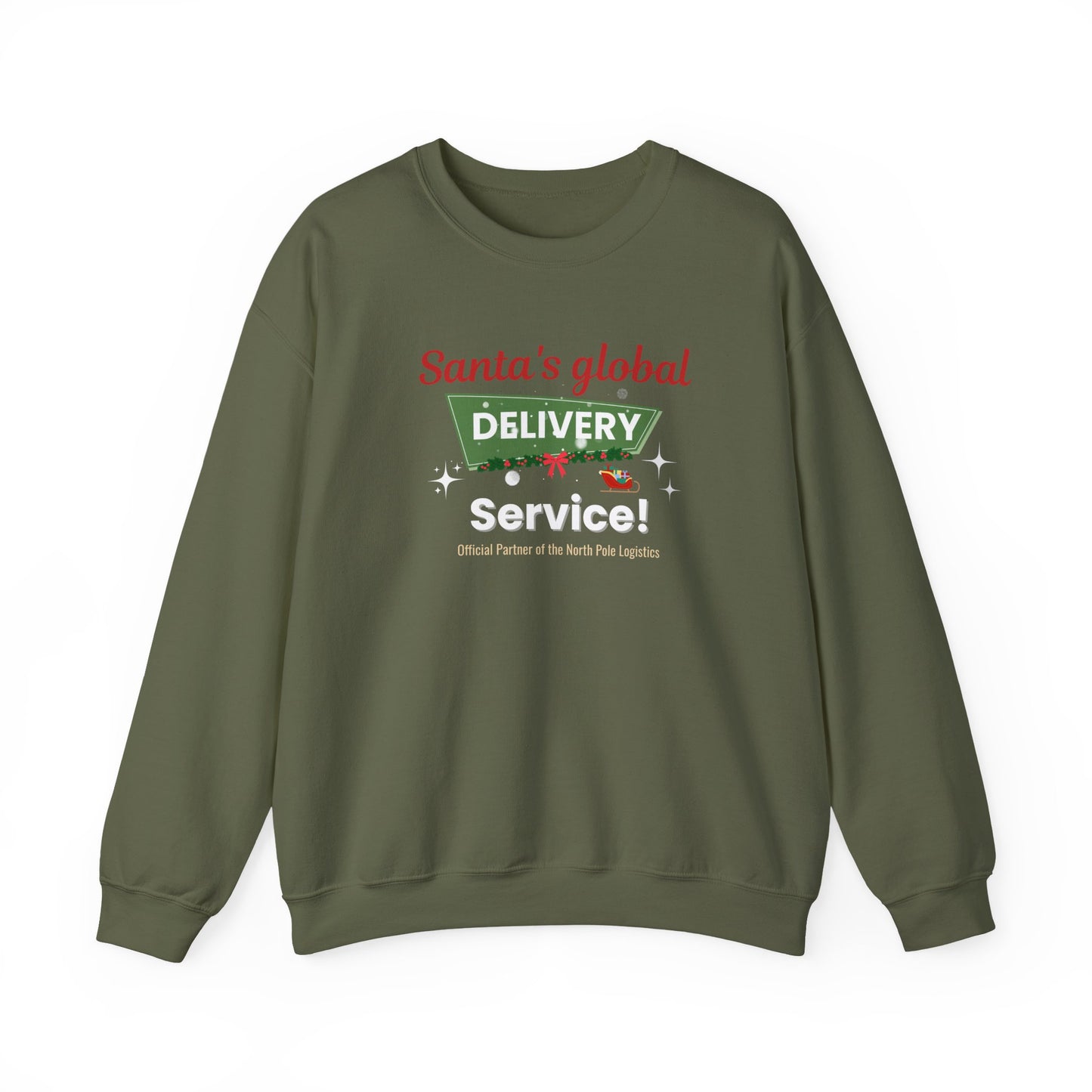 Green sweatshirt with 'Santa's global delivery service' text on a white background