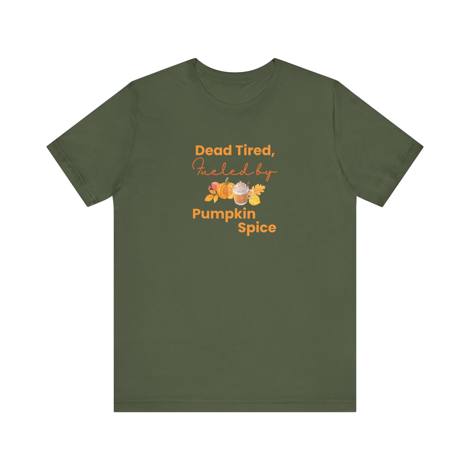 Green t-shirt with pumpkin spice-themed text and graphics on a white background