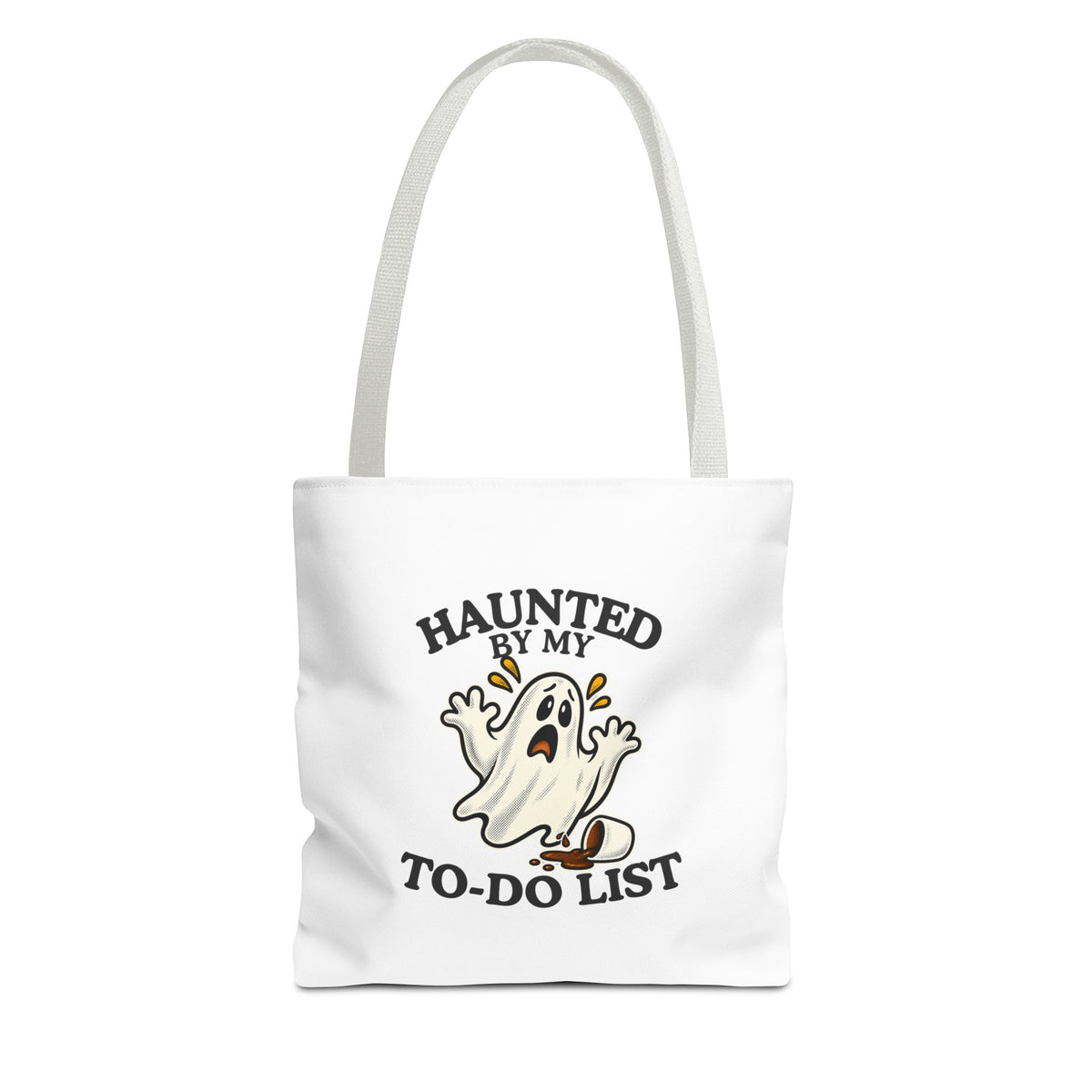 A white tote bag with white handles featuring a “Haunted by My To-Do List” funny ghost