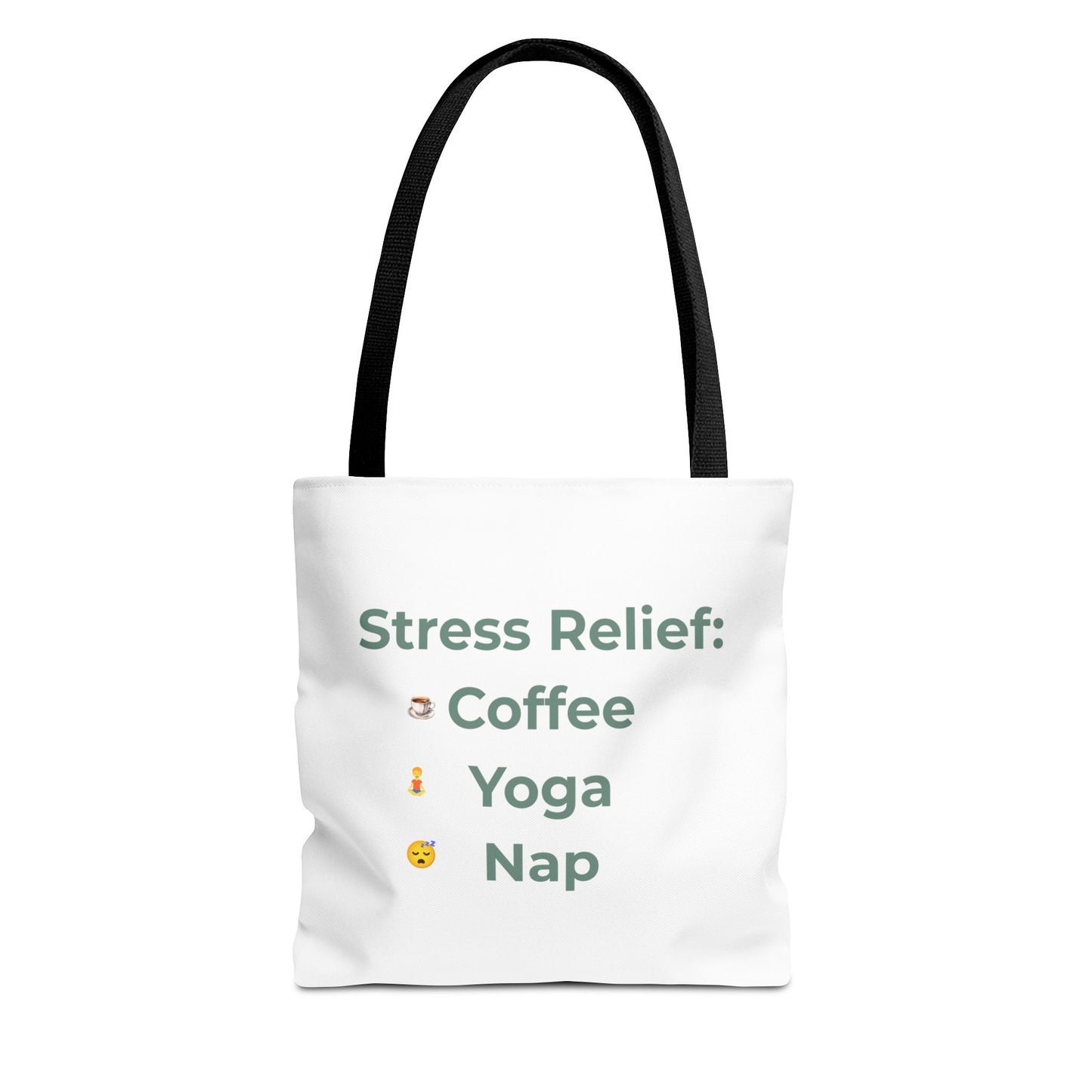 Tote bag design with 'Stress Relief: Coffee Yoga Nap' text on a white background - navy handle