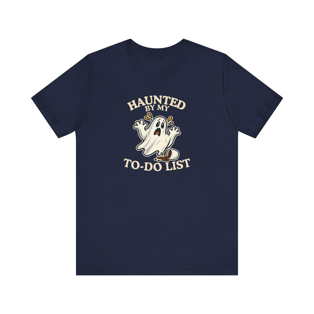 A navy t-shirt featuring a “Haunted by My To-Do List” funny ghost on a white background