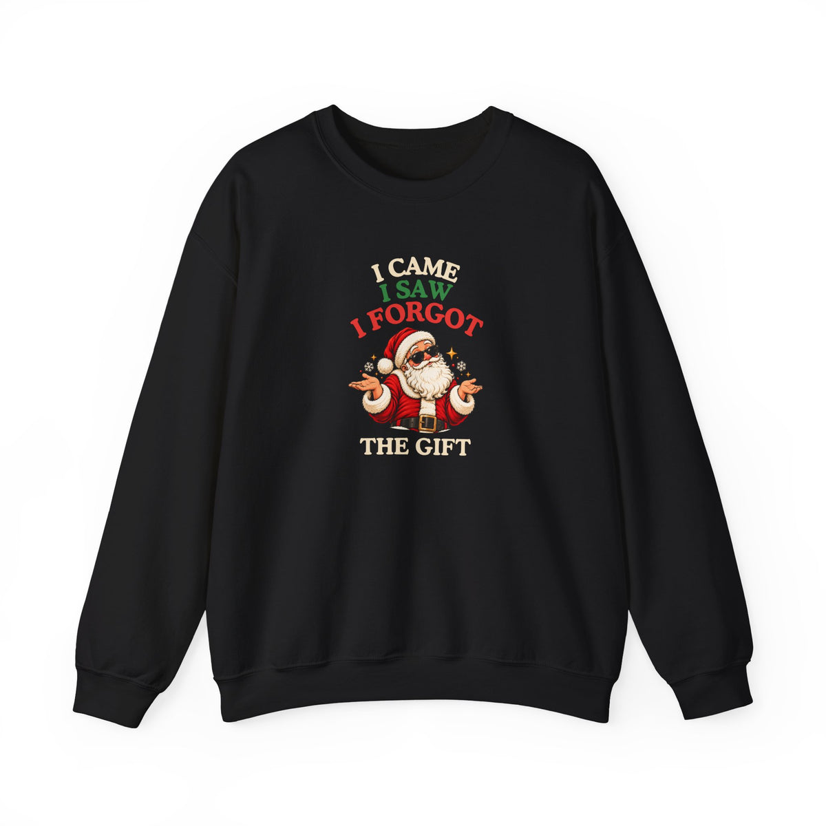 Black sweatshirt featuring a sunglasses-wearing Santa and the funny “I Came. I Saw. I Forgot the Gift” quote.