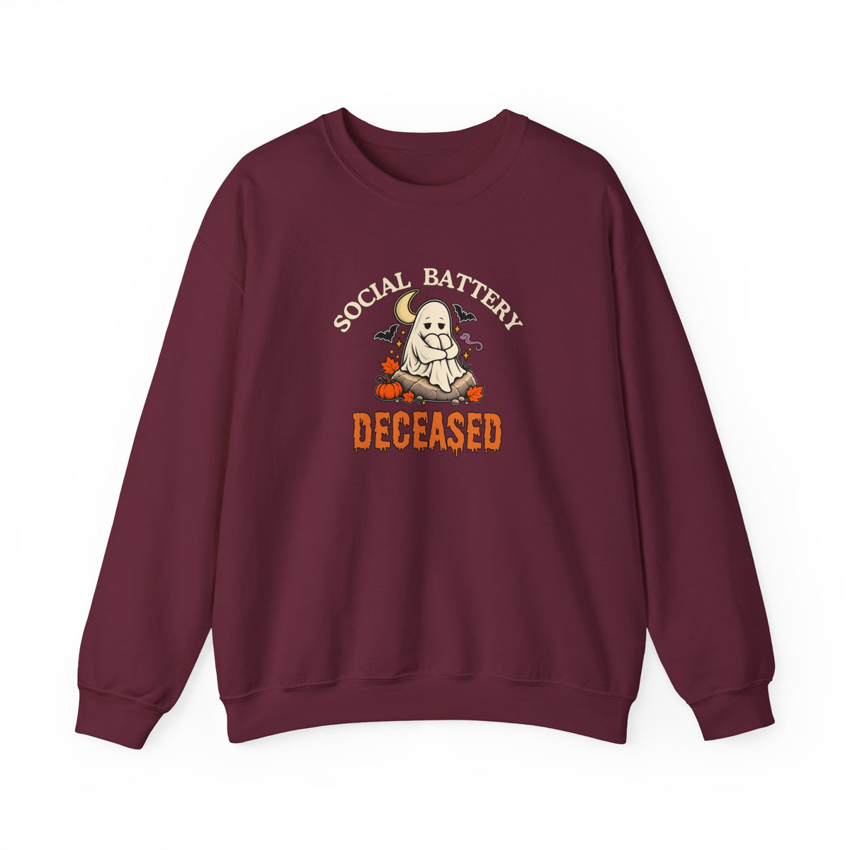 Maroon sweatshirt featuring the text 'Social Battery: Deceased' against on a white background