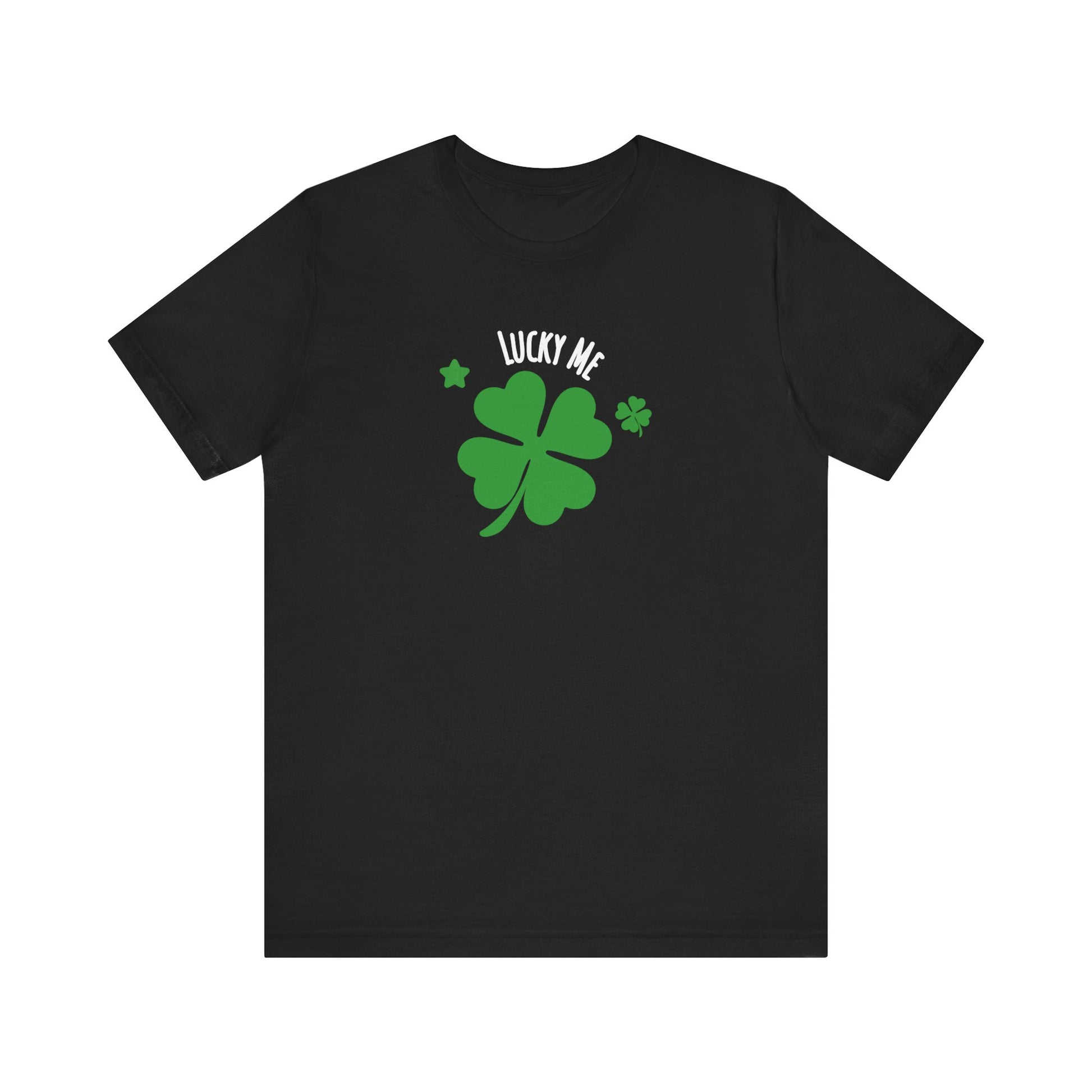 Black t-shirt with a green four-leaf clover and 'Lucky Me' text on a white background
