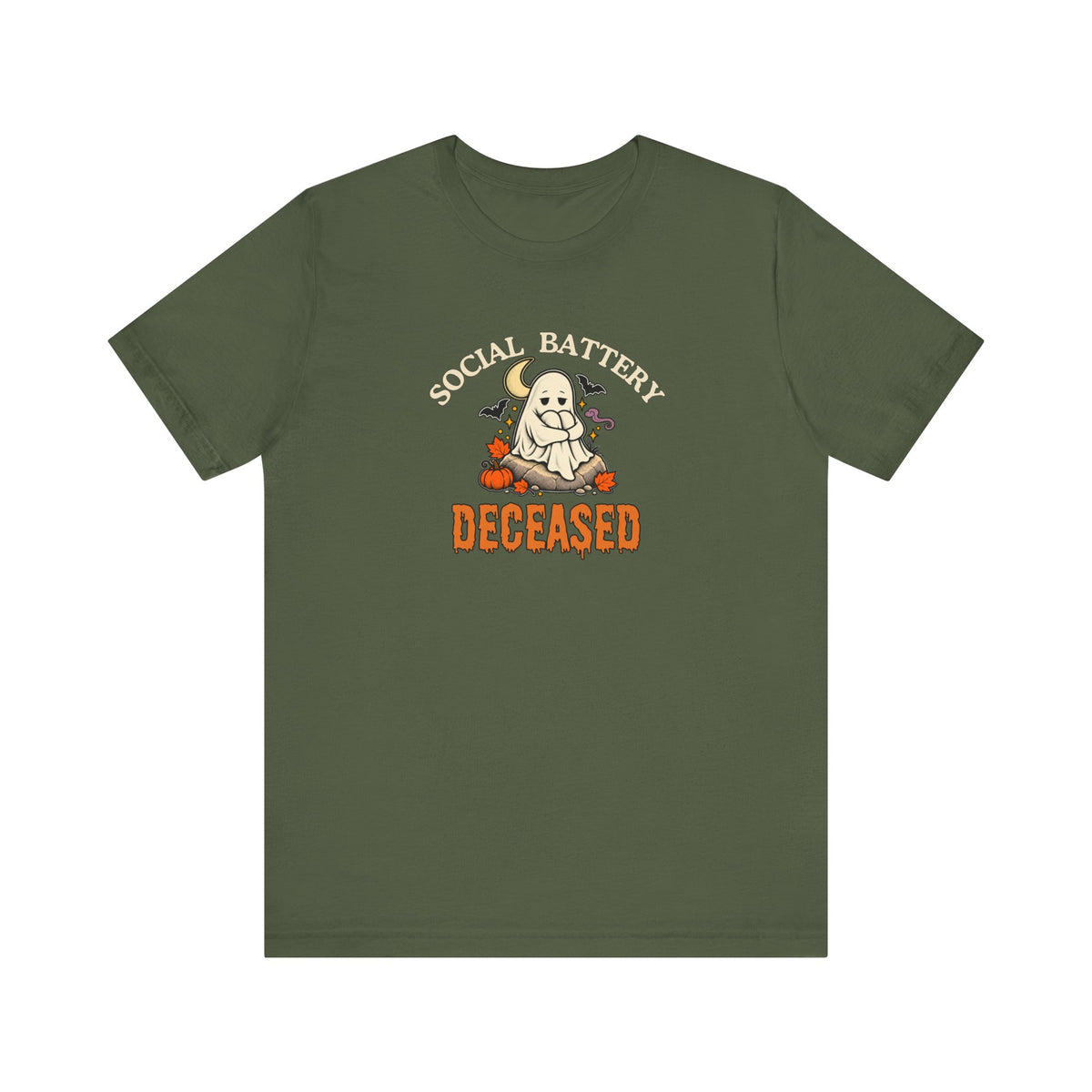 A military green t-shirt featuring a 'Social Battery: Deceased' graphic with a ghost and pumpkins
